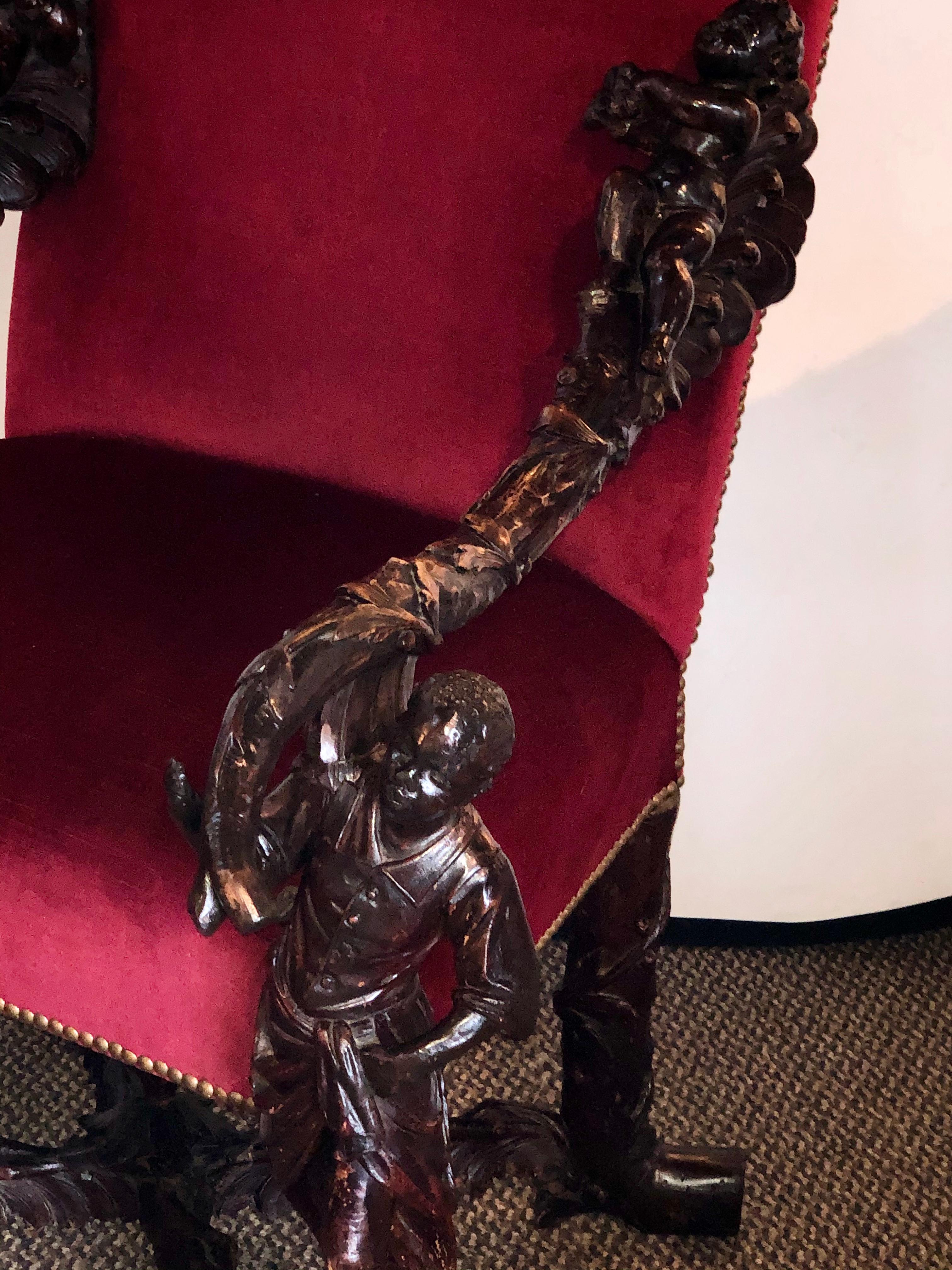 Pair of Italian 19th Century Baroque Carved Arm Throne Chairs, Figural Carvings For Sale 13