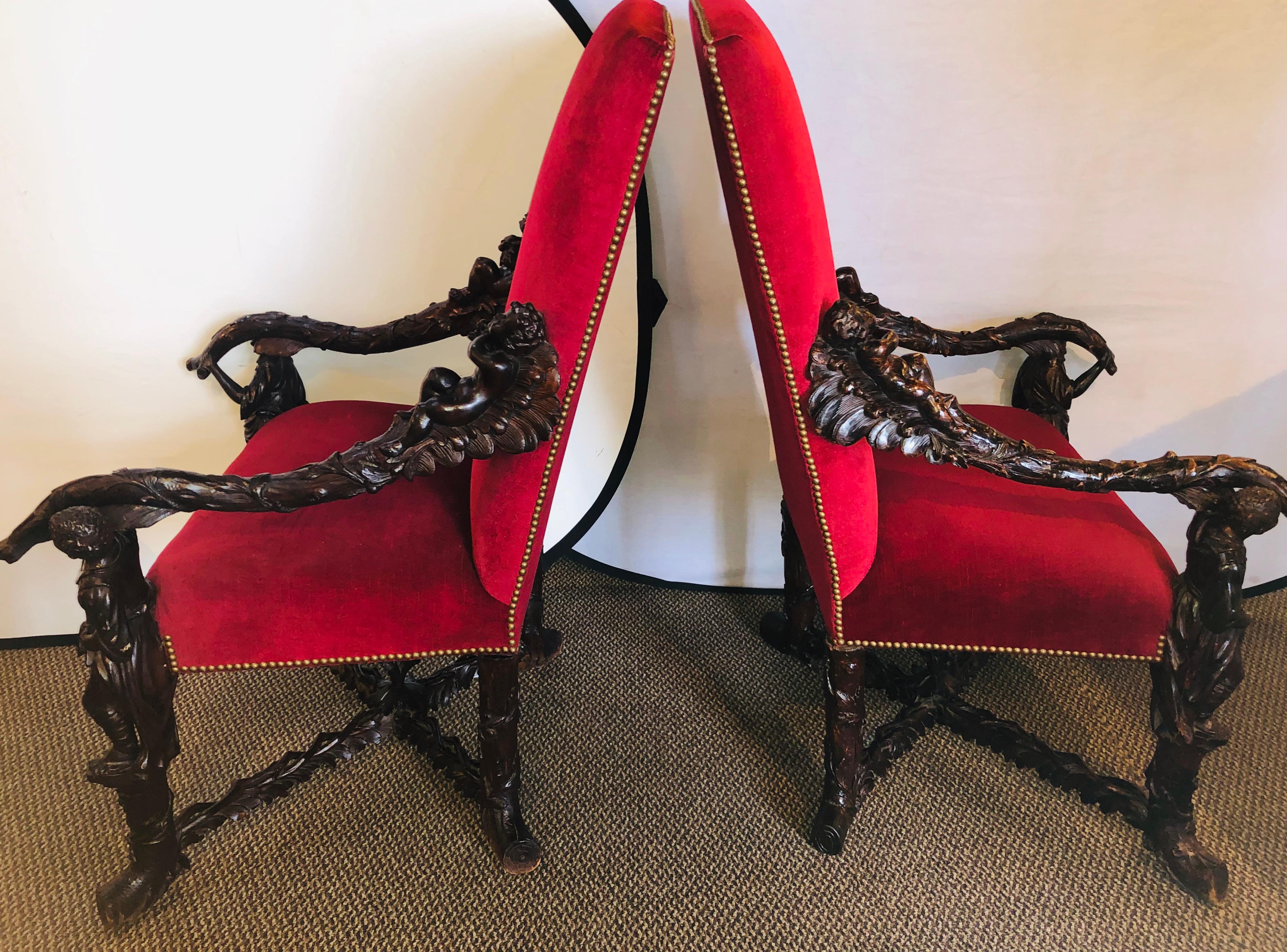 Late 19th Century Pair of Italian 19th Century Baroque Carved Arm Throne Chairs, Figural Carvings For Sale
