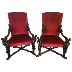 Pair of Italian 19th Century Baroque Carved Arm Throne Chairs, Figural Carvings