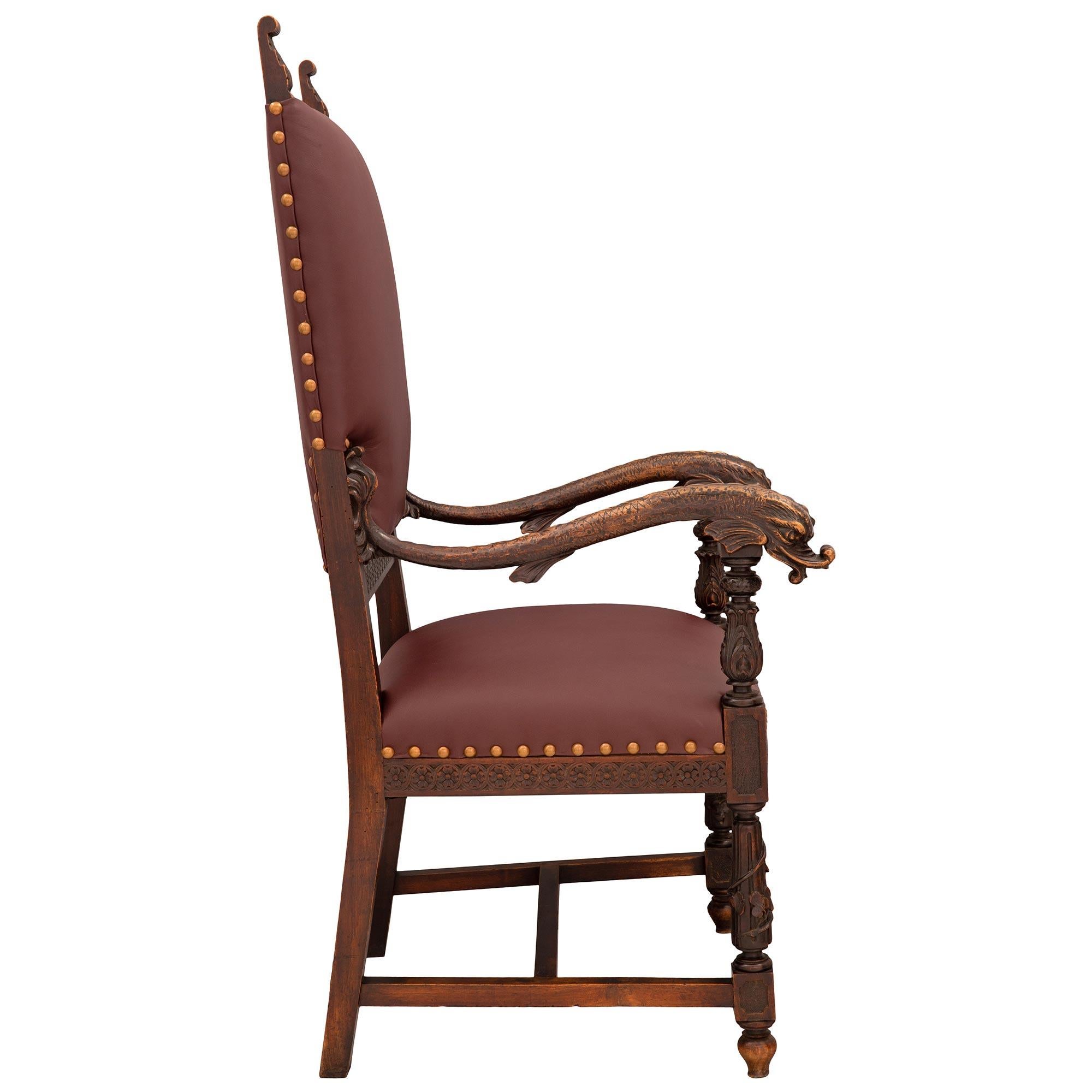 Pair of Italian 19th Century Baroque St. Dark Oak and Leather Throne Armchairs In Good Condition For Sale In West Palm Beach, FL