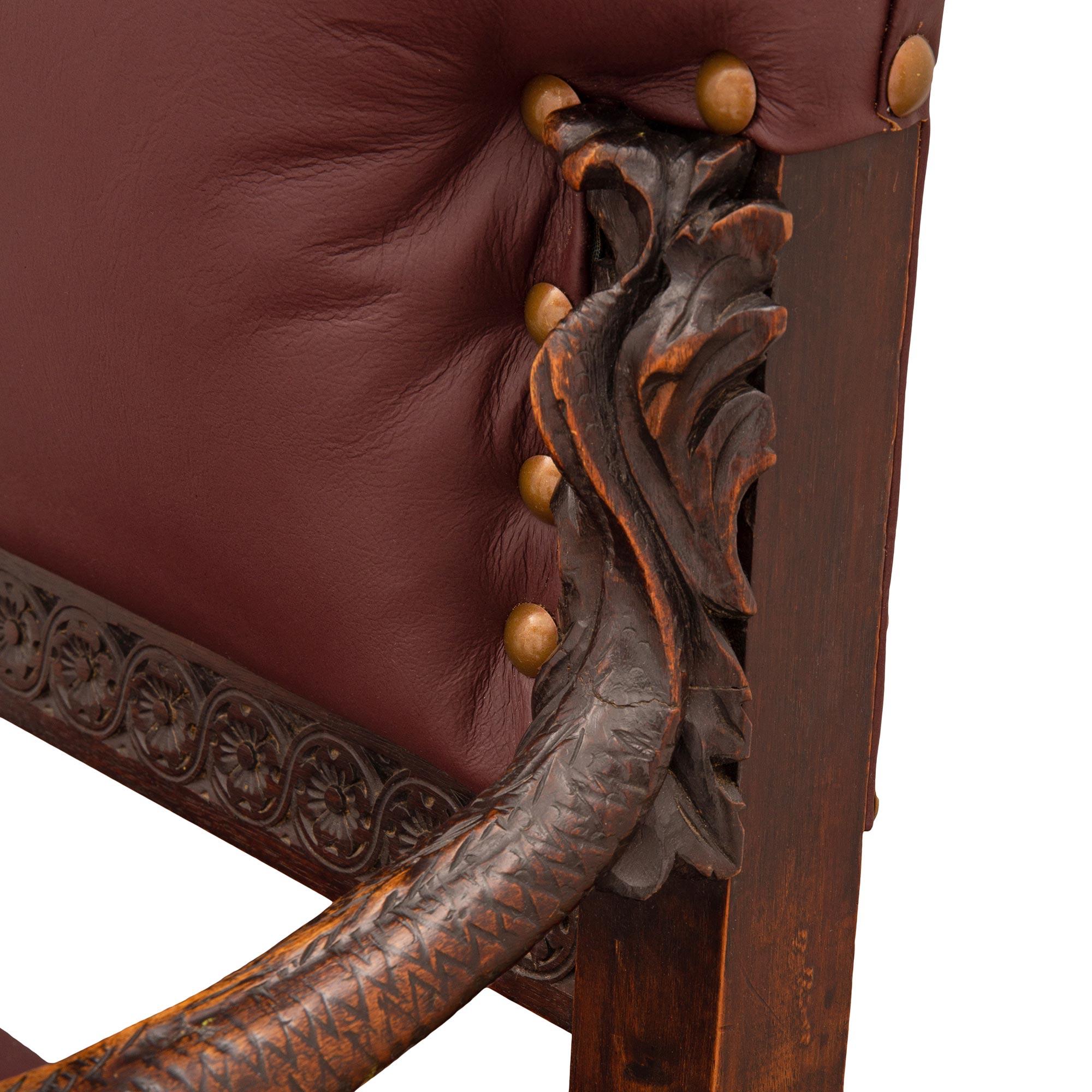 Pair of Italian 19th Century Baroque St. Dark Oak and Leather Throne Armchairs For Sale 3