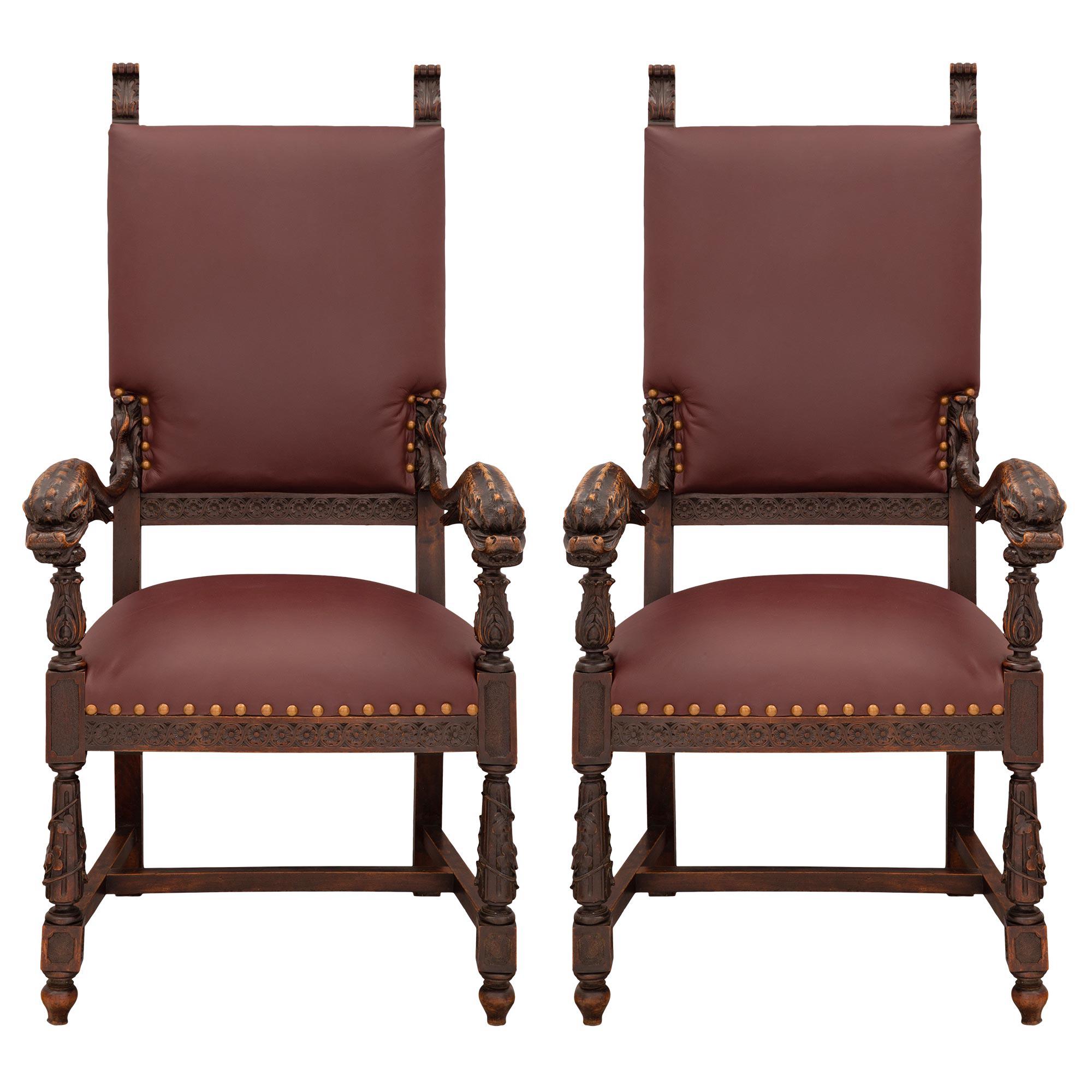 Pair of Italian 19th Century Baroque St. Dark Oak and Leather Throne Armchairs For Sale