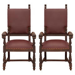 Antique Pair of Italian 19th Century Baroque St. Dark Oak and Leather Throne Armchairs