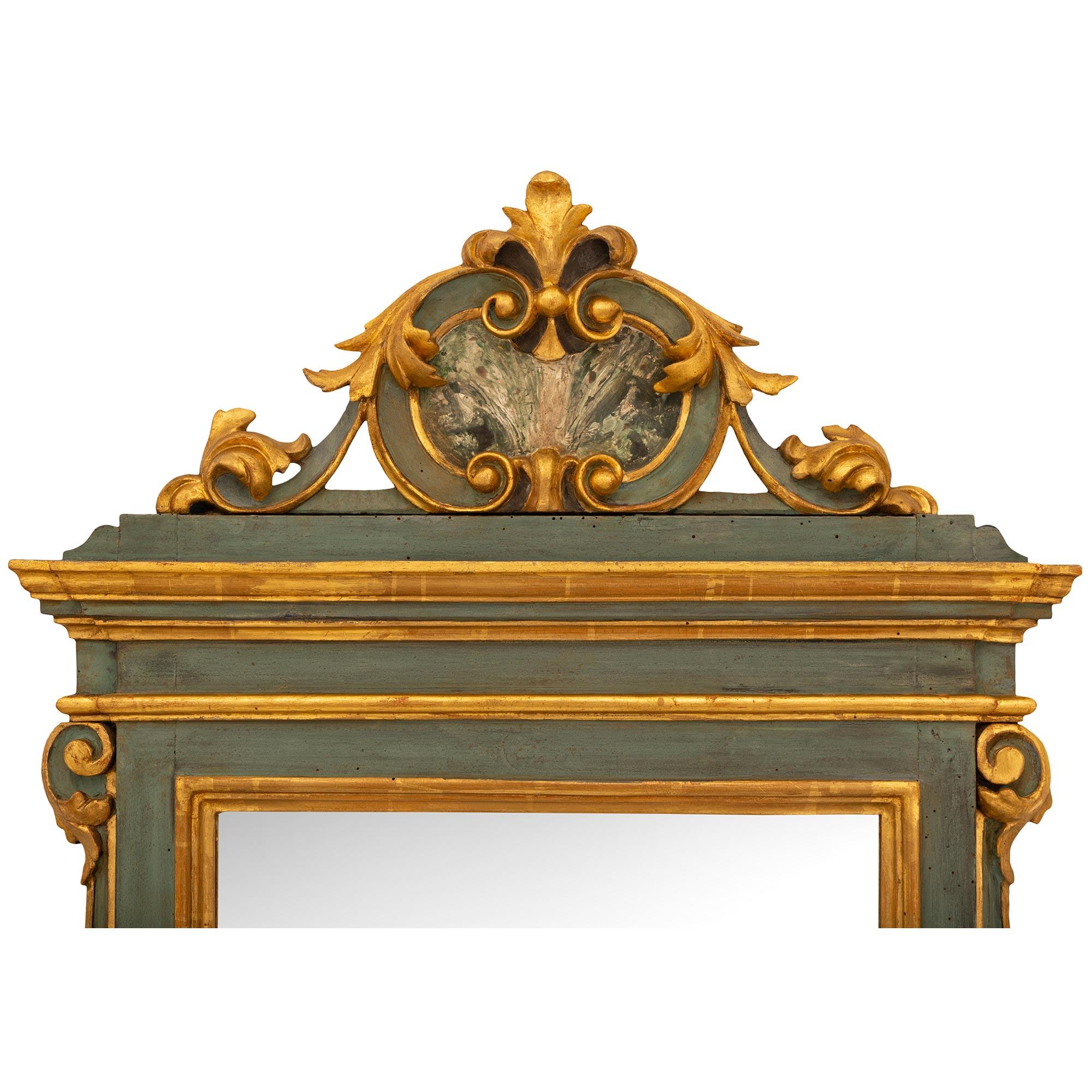 Pair Of Italian 19th Century Baroque St. Giltwood And Green Polychrome Mirrors In Good Condition For Sale In West Palm Beach, FL
