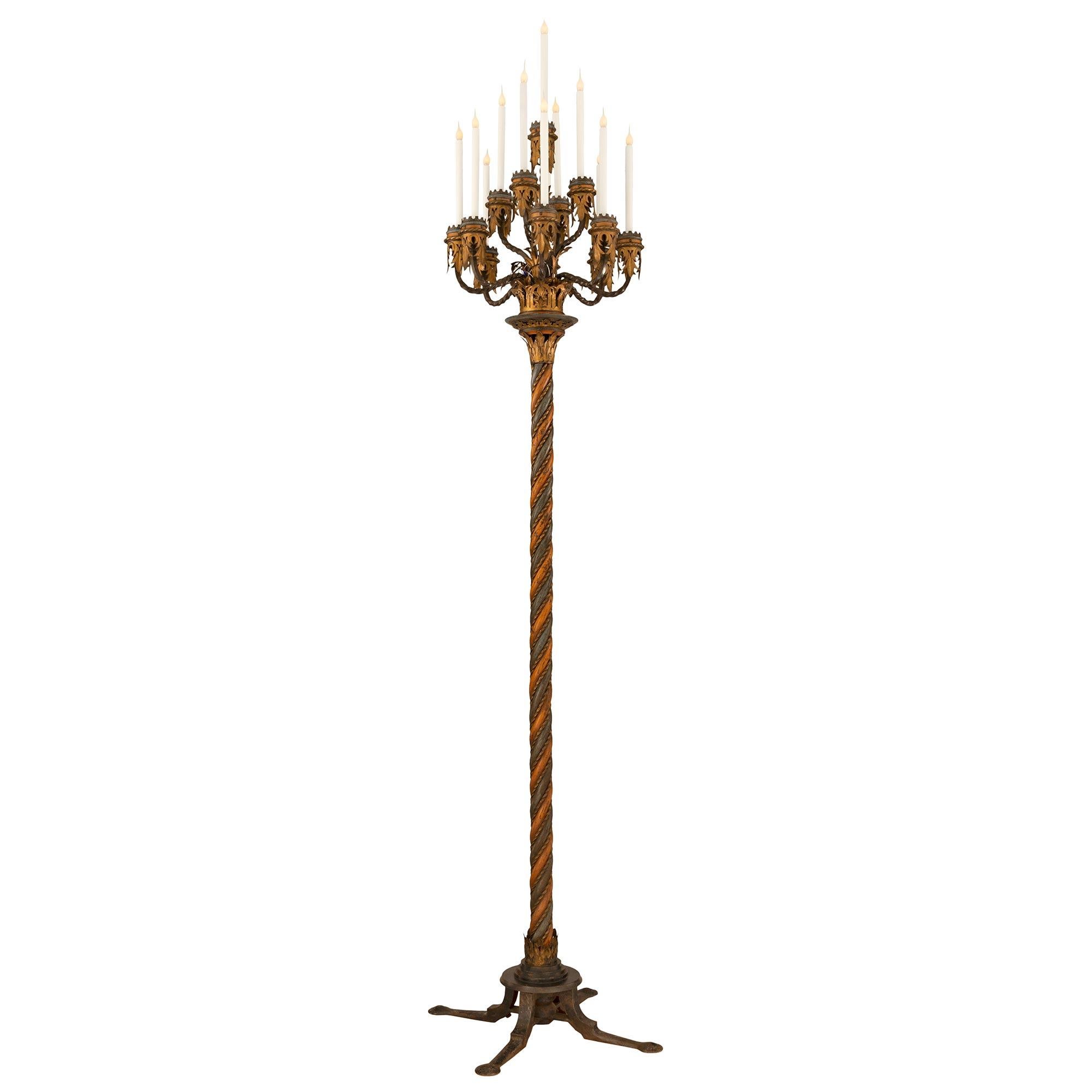 Patinated True pair of Italian 19th Century Baroque St. Wrought Iron Floor Lamps For Sale
