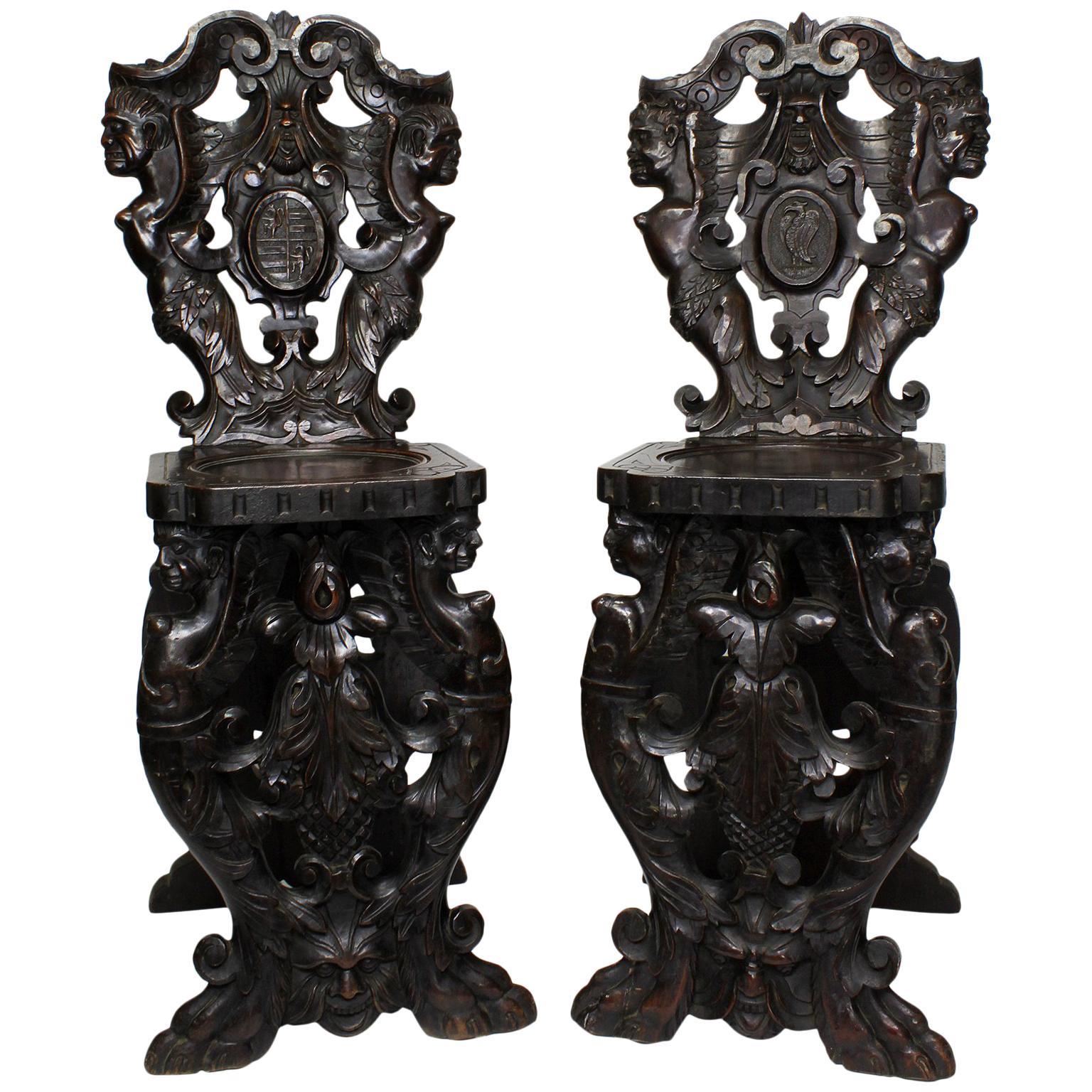 Pair of Italian 19th Century Baroque Style Carved Walnut Sgabello Side Chairs