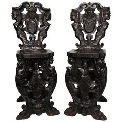 Antique Pair of Italian 19th Century Baroque Style Carved Walnut Sgabello Side Chairs