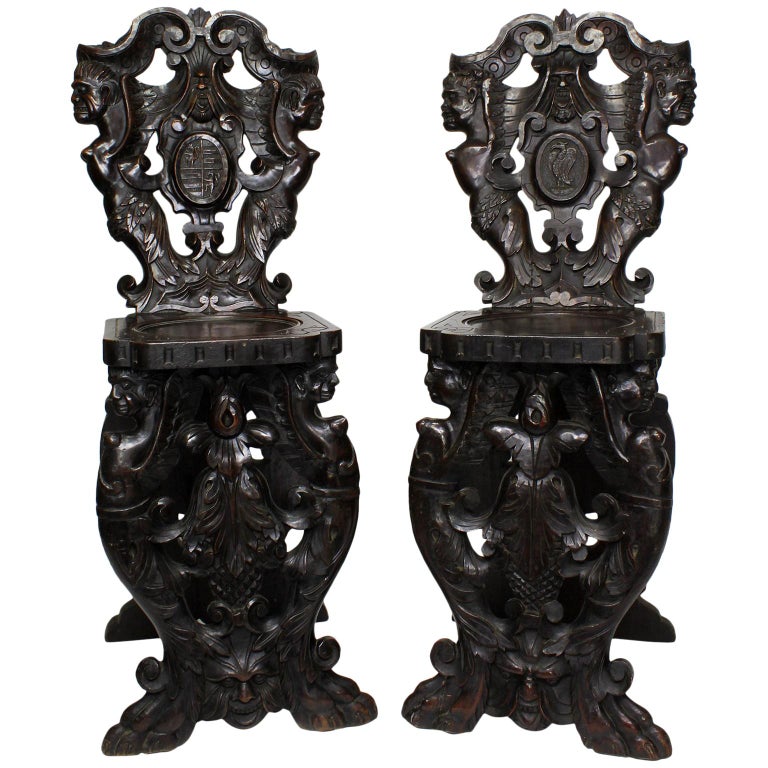 Italian Pair of Baroque Revival Carved-Walnut Sgabello Side Chairs, ca. 1880, Offered by Jan's & Co Fine French Antiques Inc.