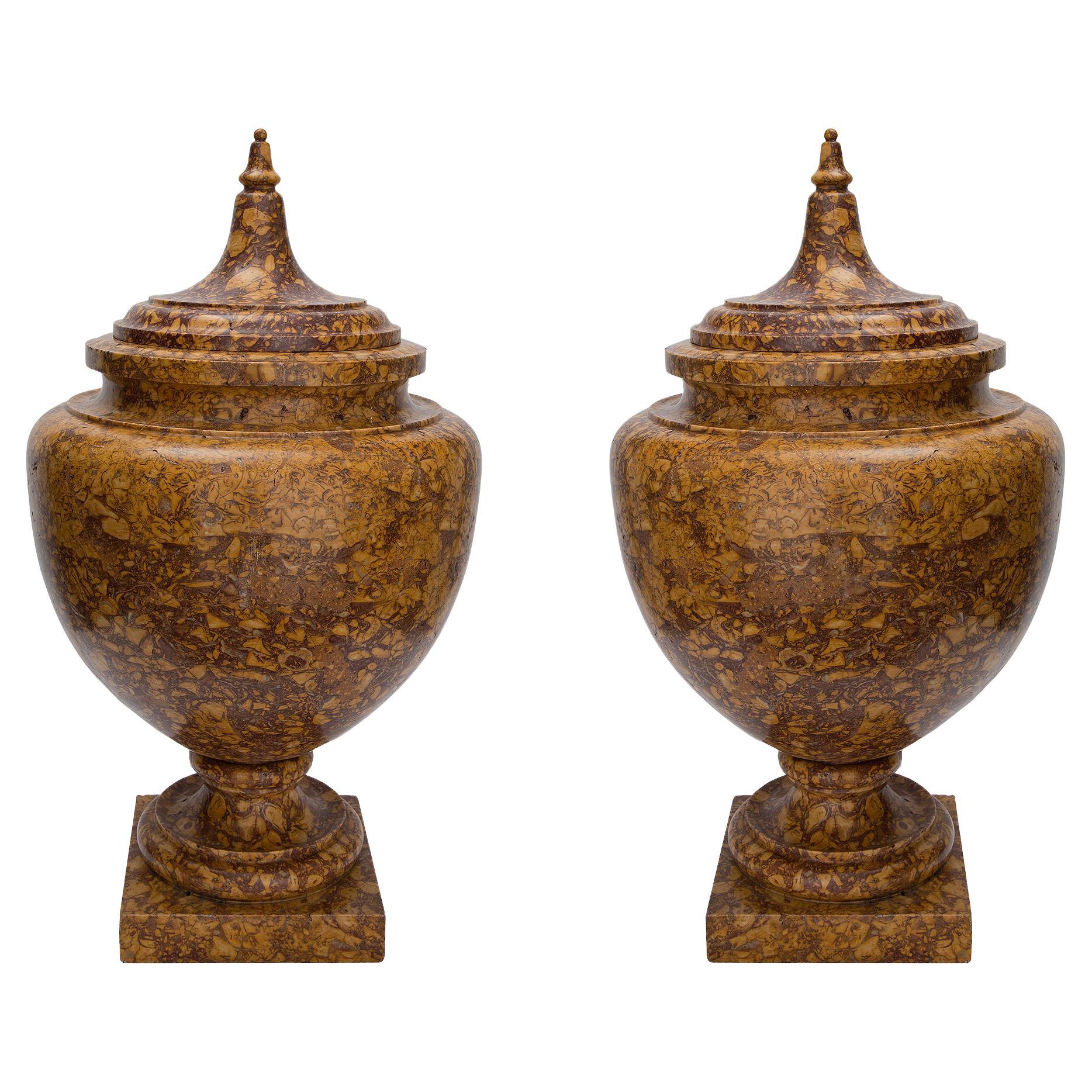 Pair of Italian 19th Century Brocatelle d’Espagne Marble Lidded Urns