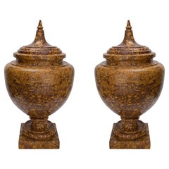 Antique Pair of Italian 19th Century Brocatelle d’Espagne Marble Lidded Urns