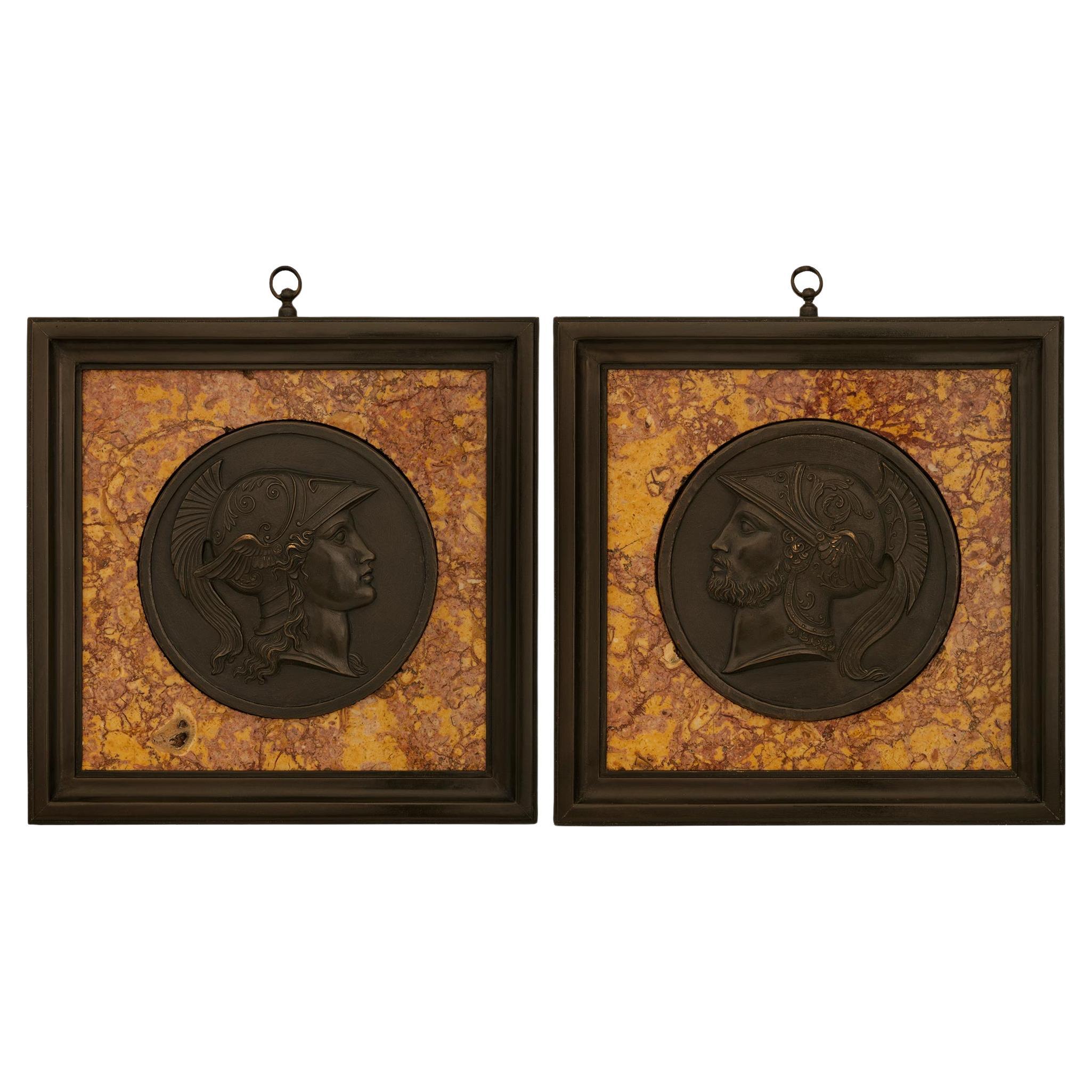 pair of Italian 19th century Bronze and Marble plaques of Mars and Minerva