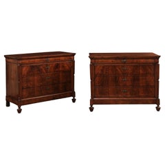 Pair of Italian 19th Century Butterfly Veneer Burl Wood Four-Drawer Commodes