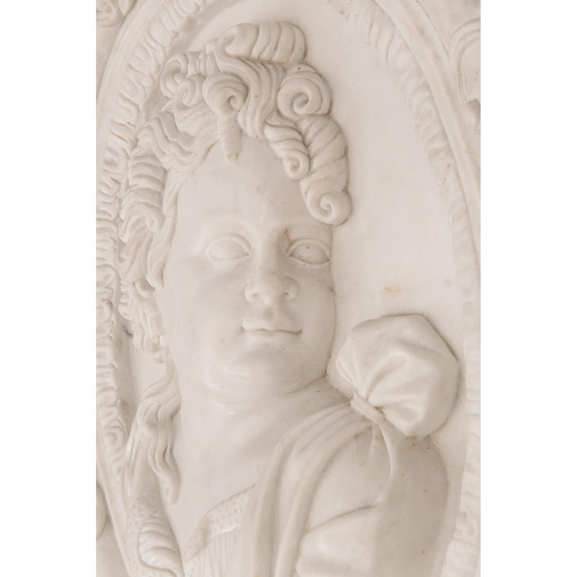 Wrought Iron Pair of Italian 19th Century Carrara Marble and Iron Decorative Wall Plaques For Sale