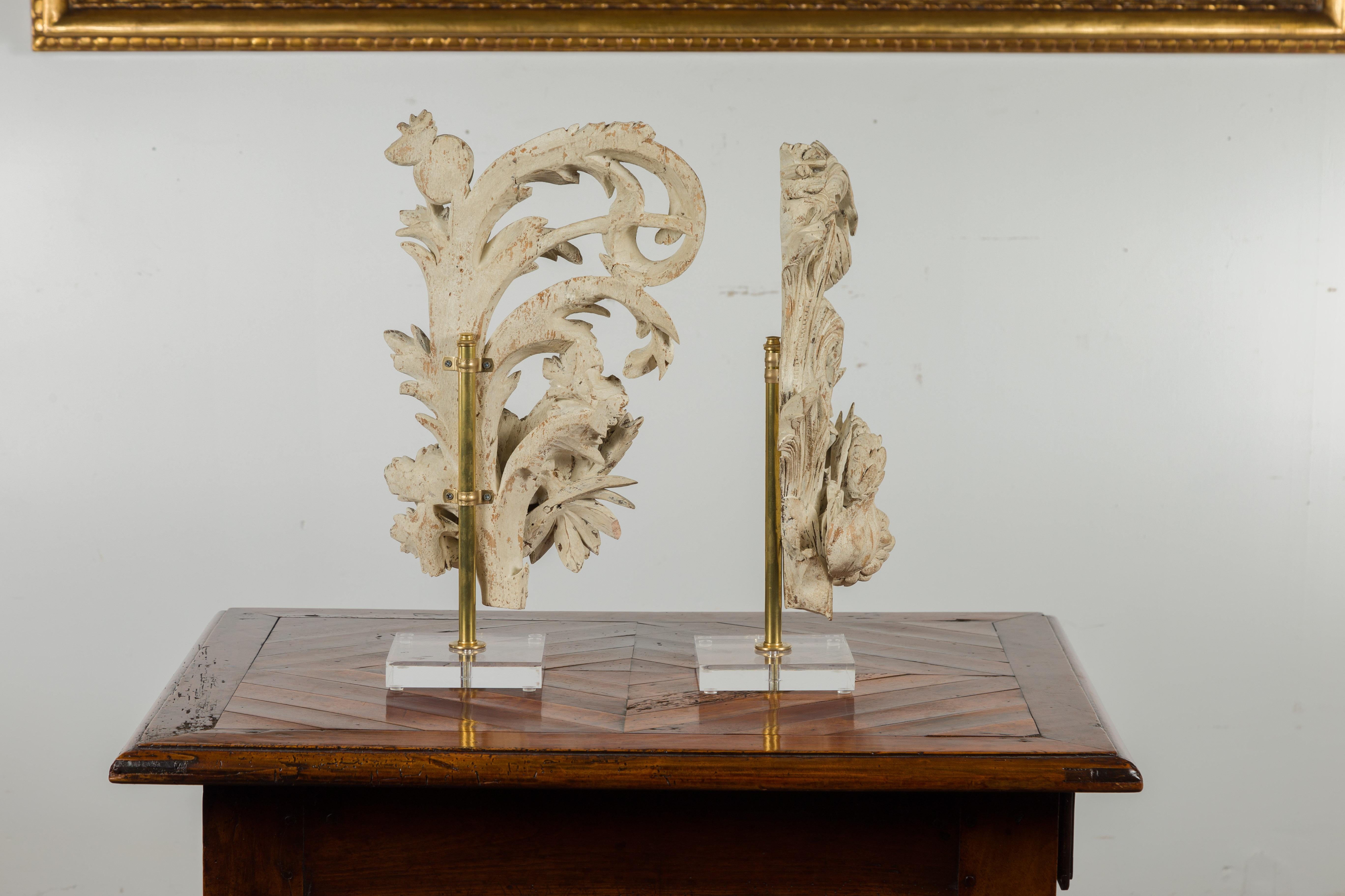 Pair of Italian 19th Century Carved Fruit and Foliage Fragments on Lucite Bases For Sale 12