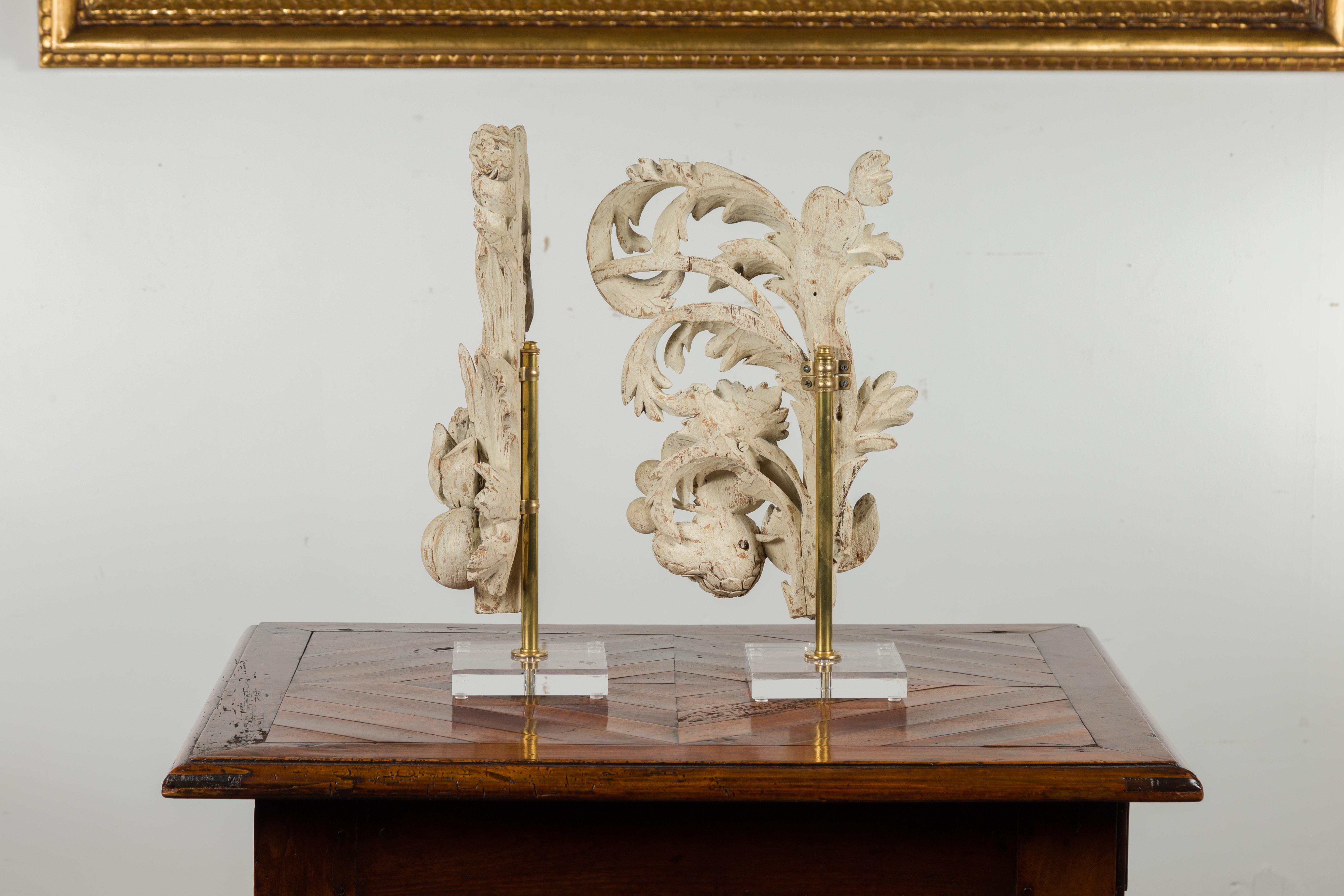 Pair of Italian 19th Century Carved Fruit and Foliage Fragments on Lucite Bases For Sale 13