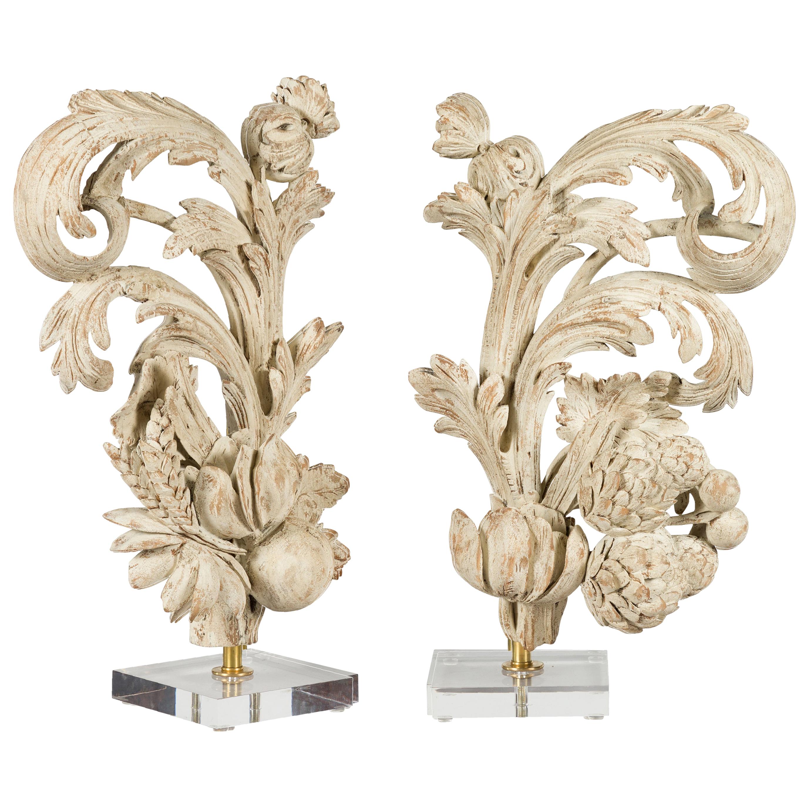 Pair of Italian 19th Century Carved Fruit and Foliage Fragments on Lucite Bases For Sale