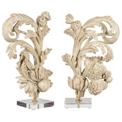 Pair of Italian 19th Century Carved Fruit and Foliage Fragments on Lucite Bases