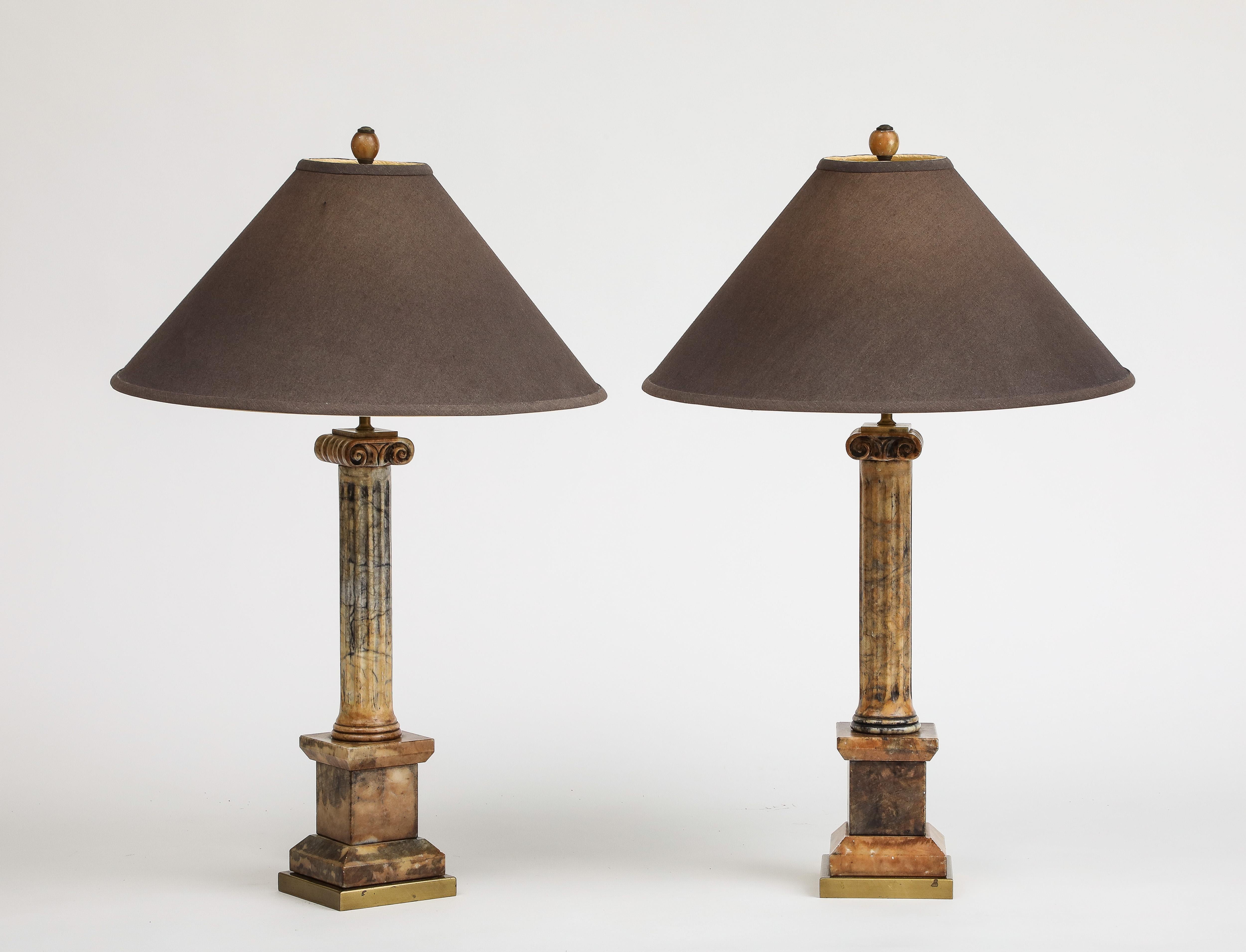 Pair of Italian 19th Century Carved Marble Column Table Lamps In Good Condition In Chicago, IL