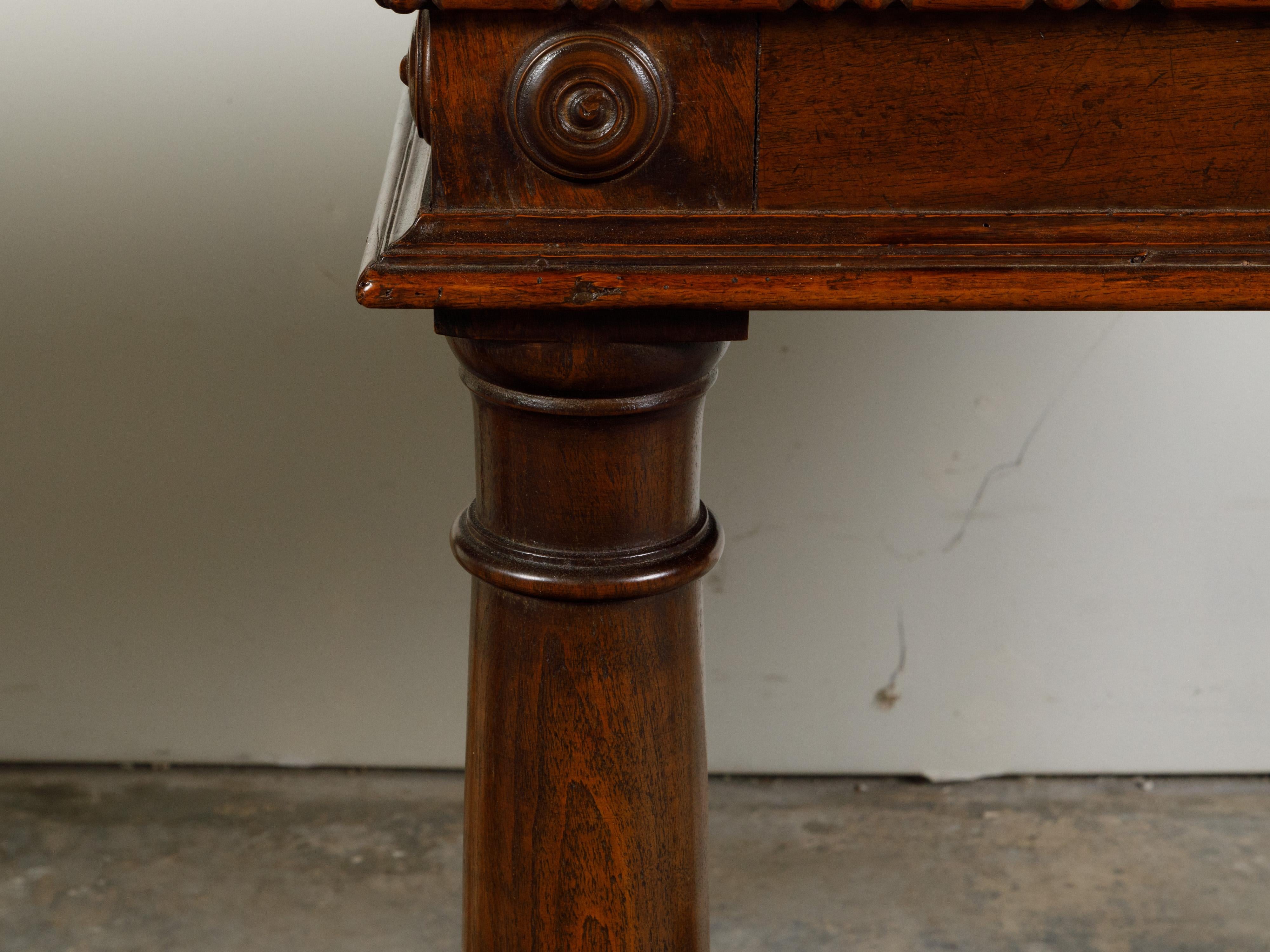 Pair of Italian 19th Century Carved Walnut Console Tables with Doric Columns For Sale 7