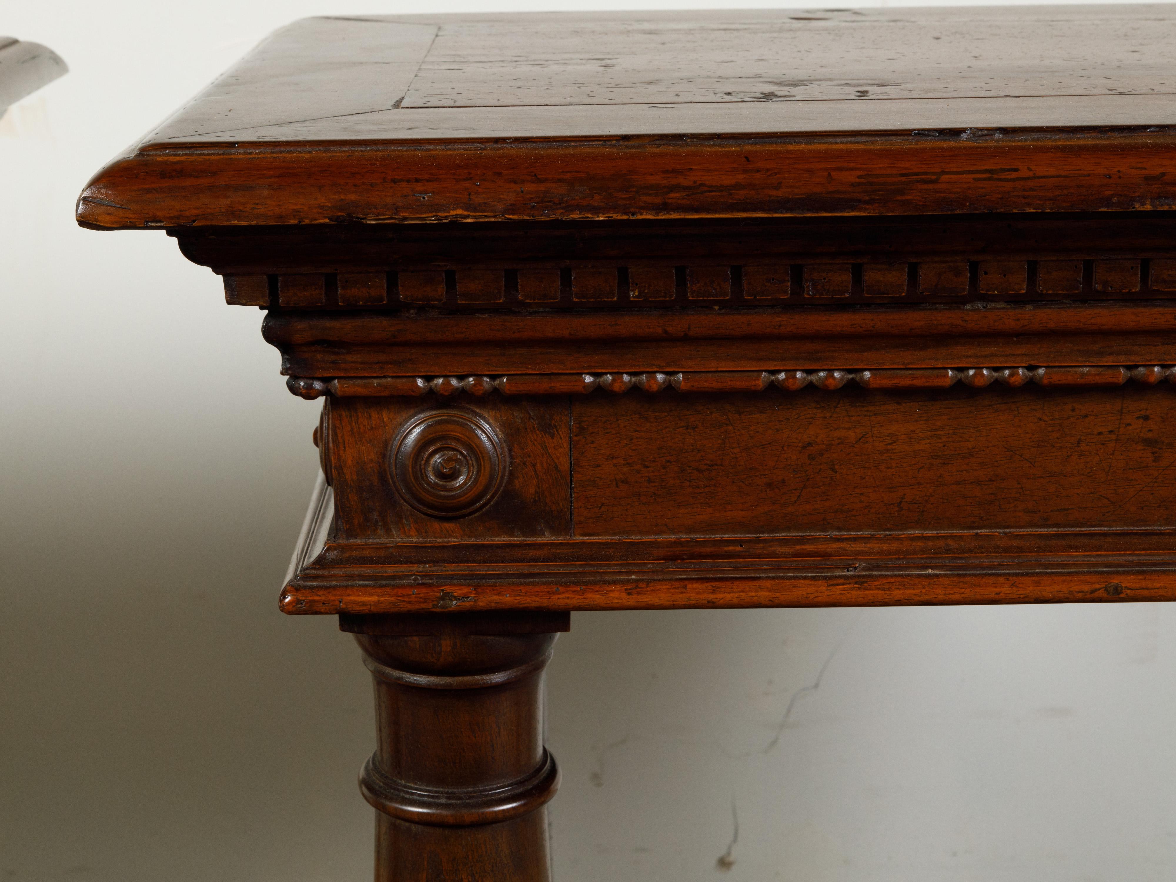 Pair of Italian 19th Century Carved Walnut Console Tables with Doric Columns For Sale 9