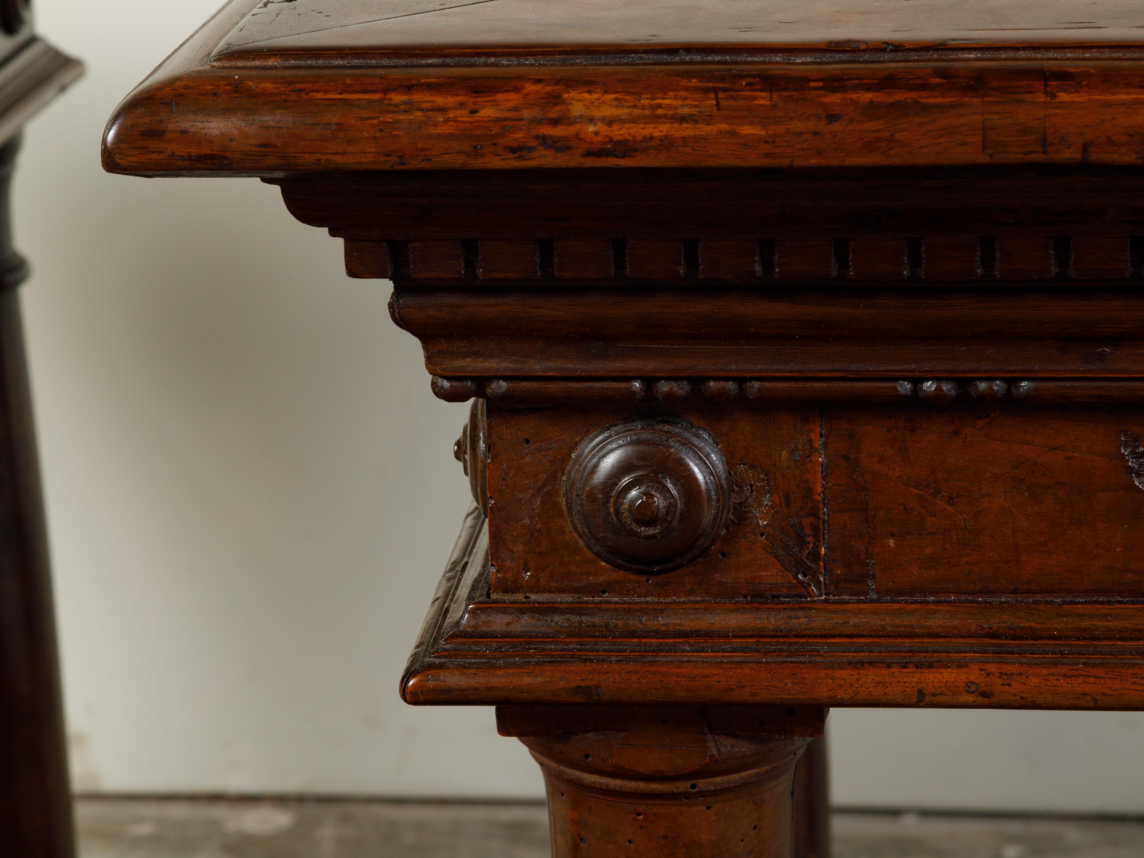 Pair of Italian 19th Century Carved Walnut Console Tables with Doric Columns For Sale 10