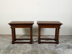 Pair of Italian 19th Century Carved Walnut Console Tables with Doric Columns