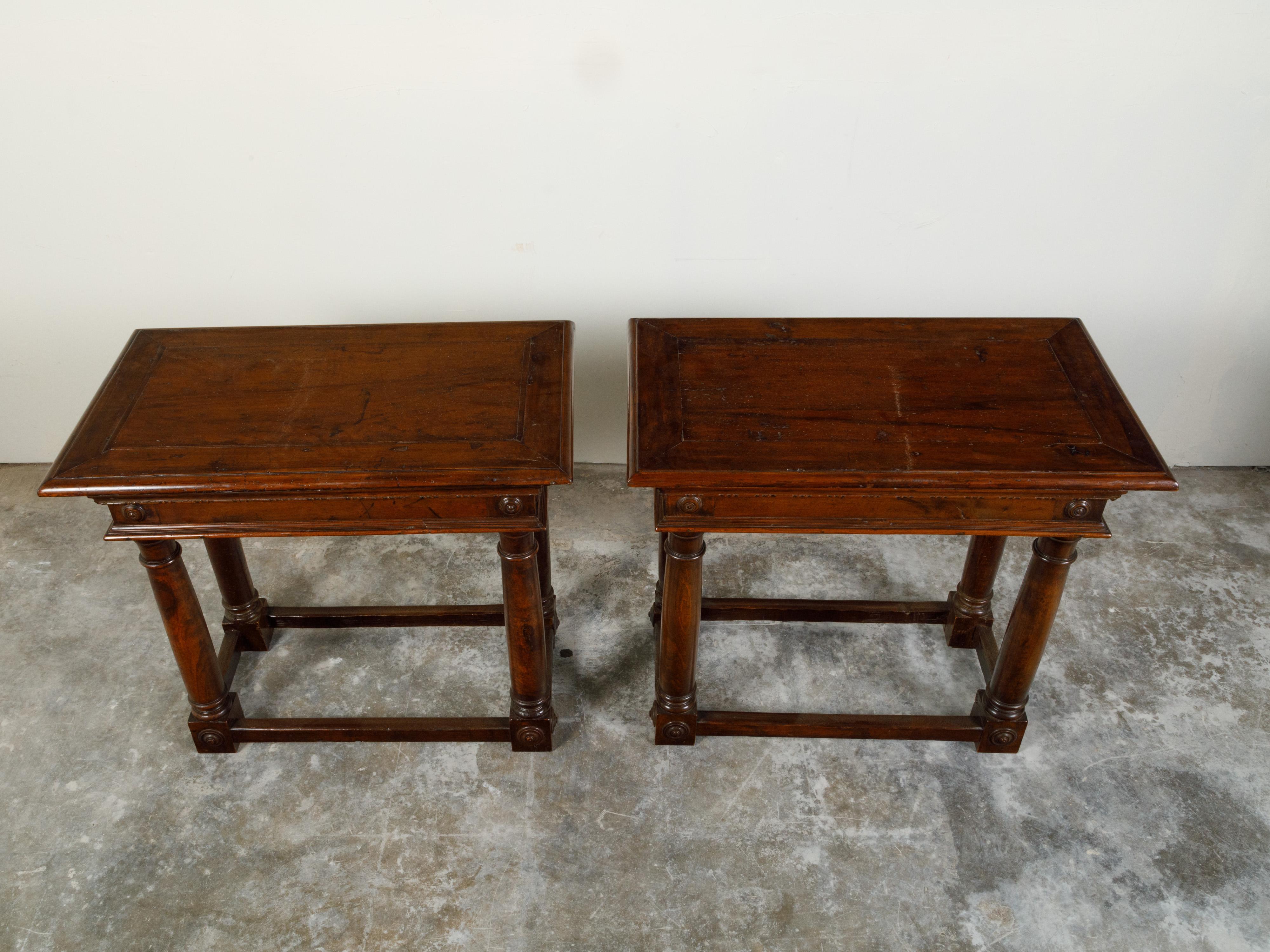 Pair of Italian 19th Century Carved Walnut Console Tables with Doric Columns In Good Condition For Sale In Atlanta, GA