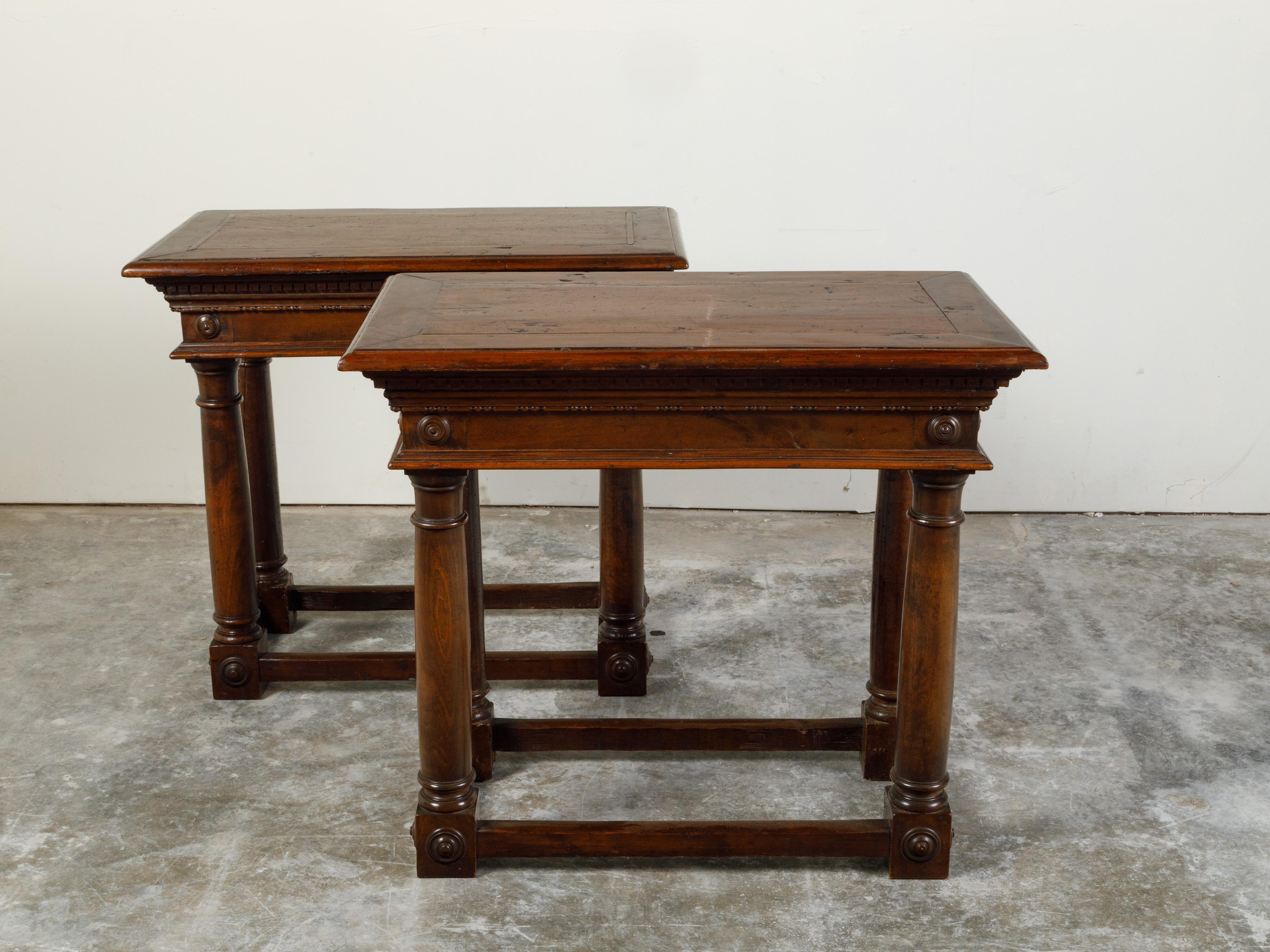 Pair of Italian 19th Century Carved Walnut Console Tables with Doric Columns For Sale 1