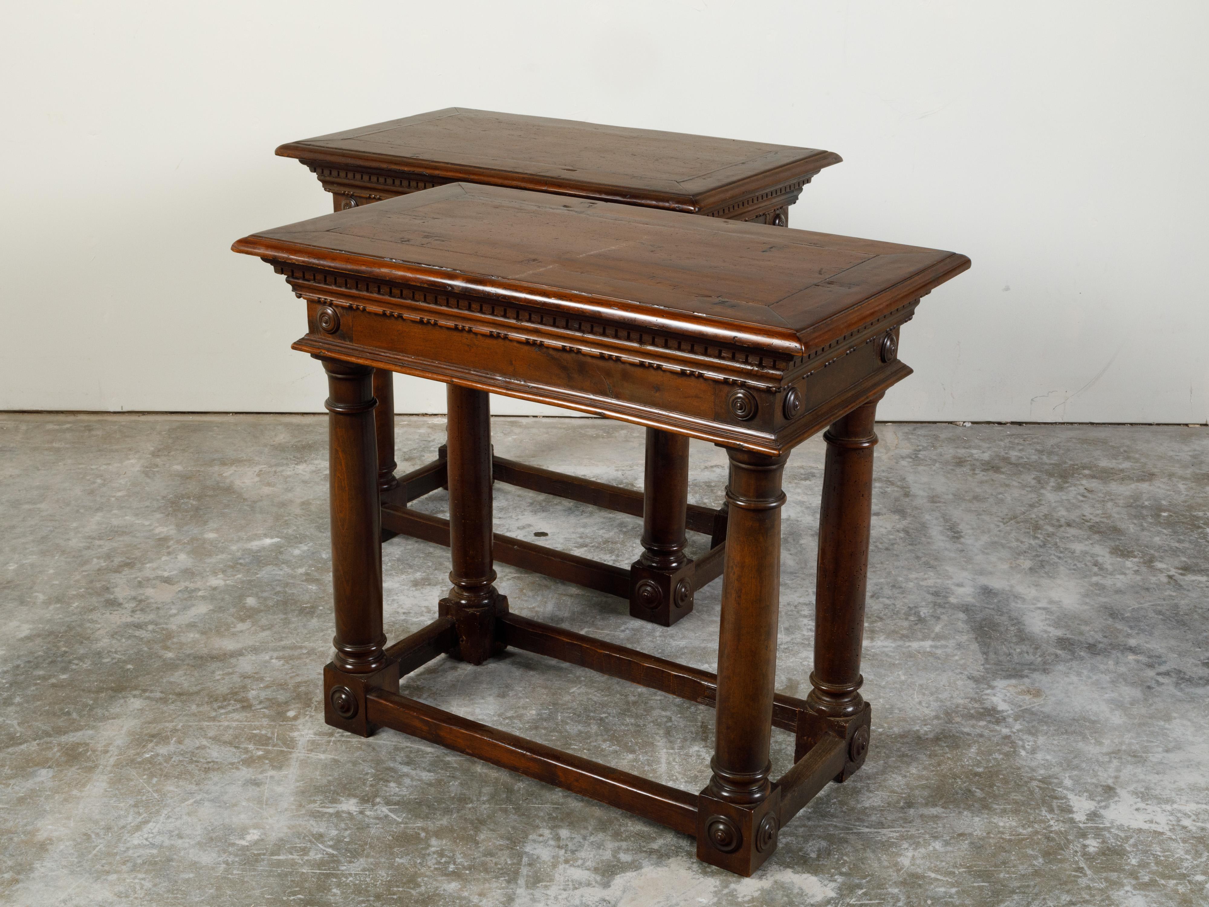 Pair of Italian 19th Century Carved Walnut Console Tables with Doric Columns For Sale 2