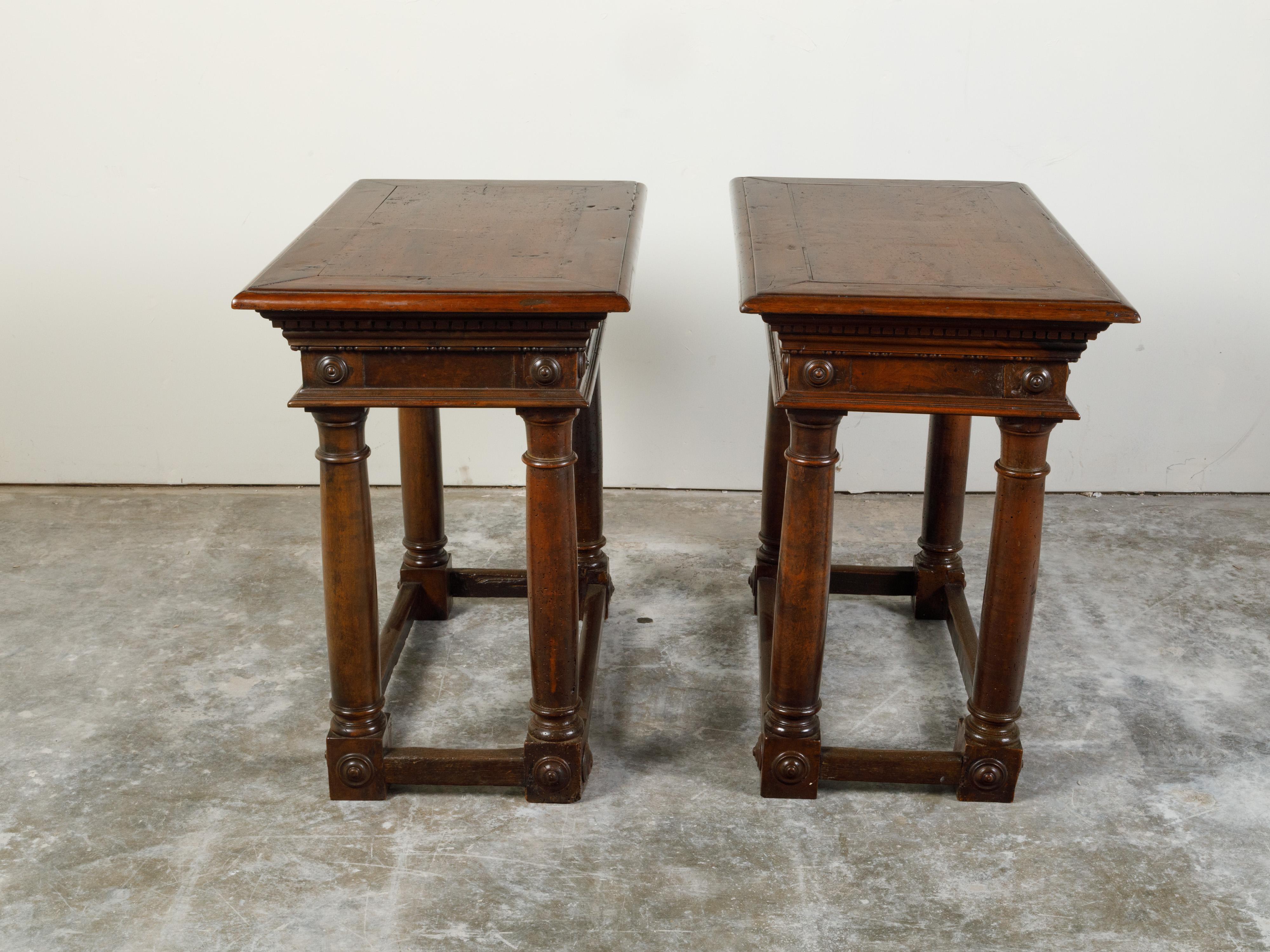 Pair of Italian 19th Century Carved Walnut Console Tables with Doric Columns For Sale 3