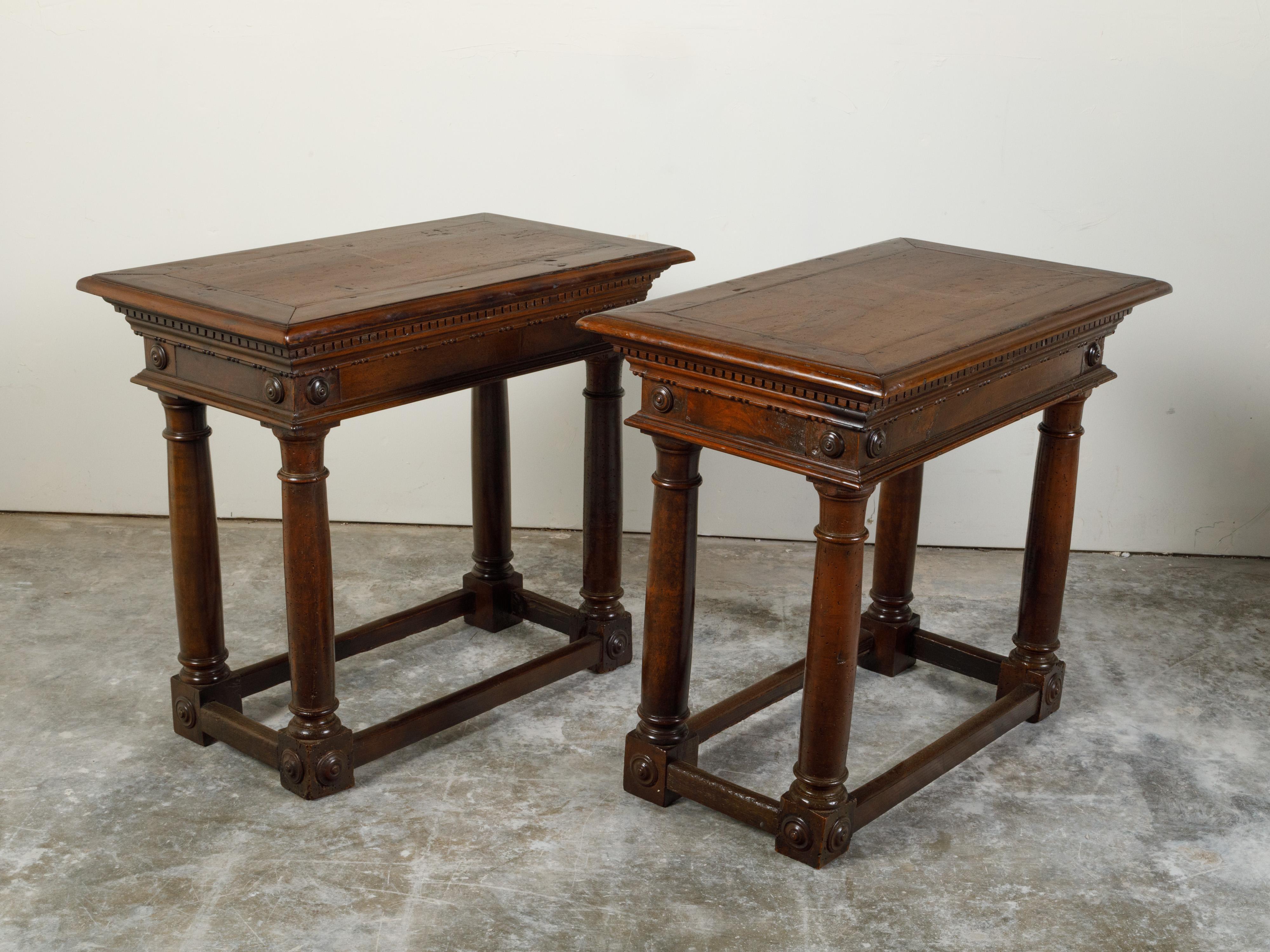 Pair of Italian 19th Century Carved Walnut Console Tables with Doric Columns For Sale 4