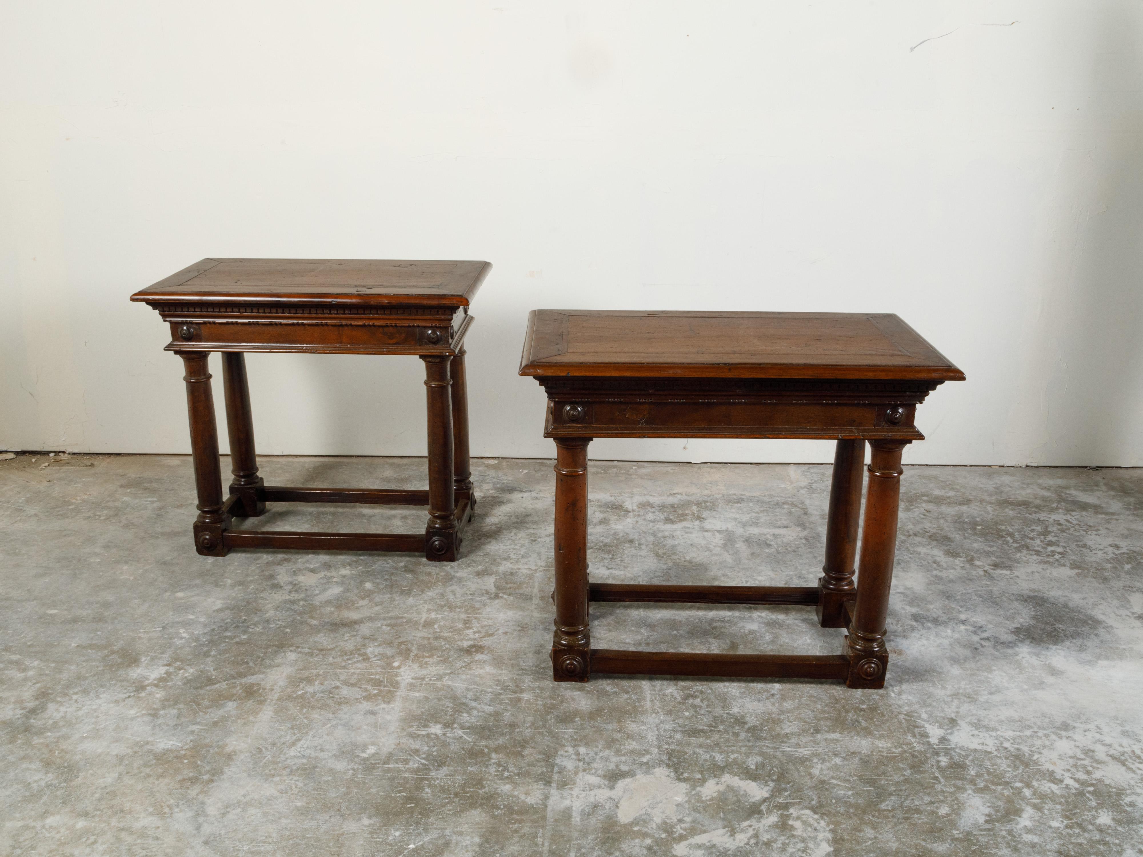 Pair of Italian 19th Century Carved Walnut Console Tables with Doric Columns For Sale 5
