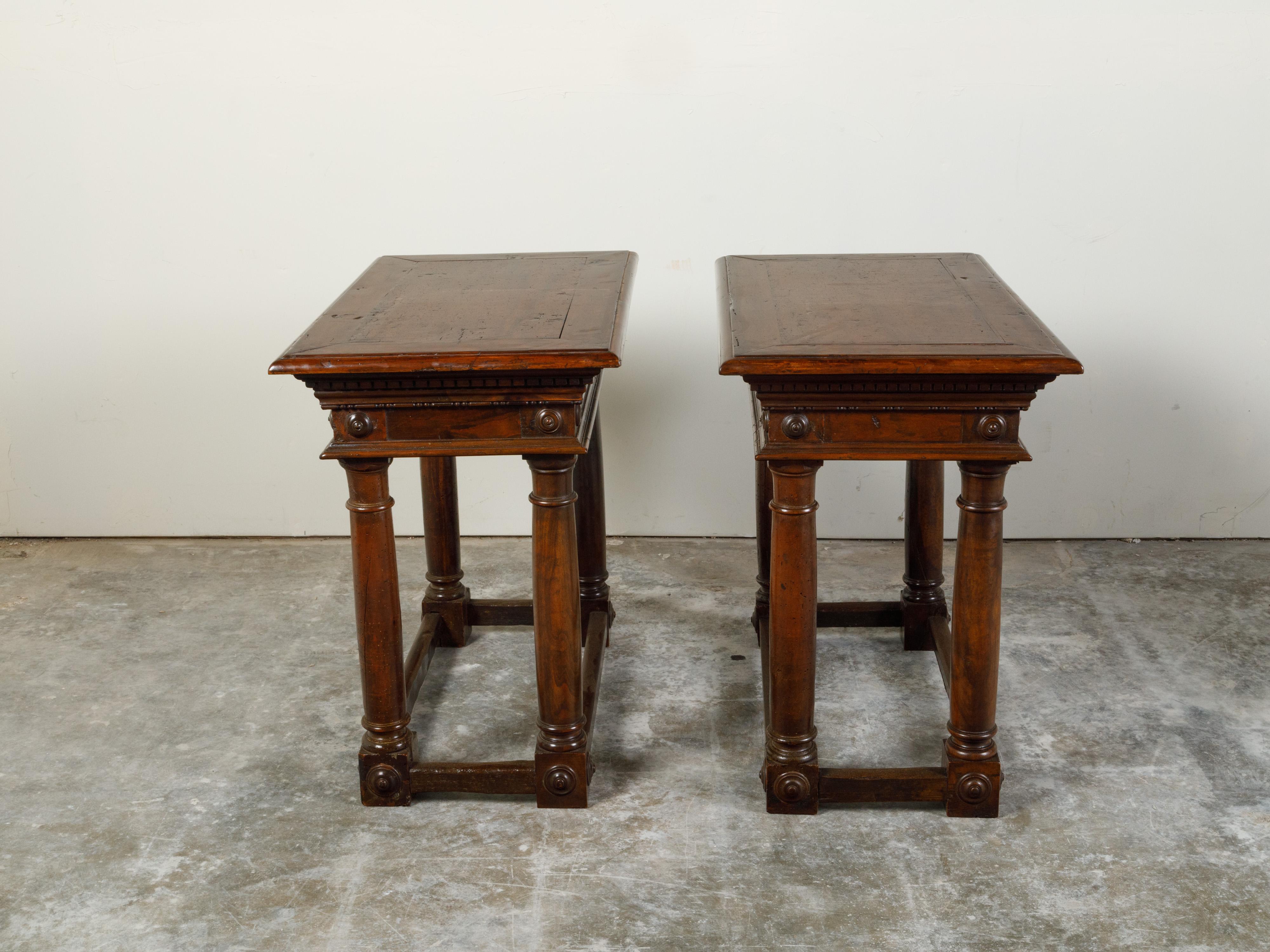 Pair of Italian 19th Century Carved Walnut Console Tables with Doric Columns For Sale 6
