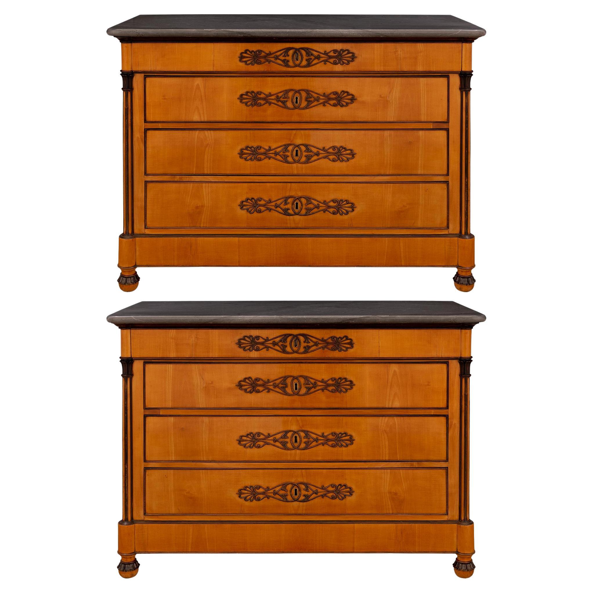Pair of Italian 19th Century Charles X Period Cherrywood and Marble Commodes For Sale