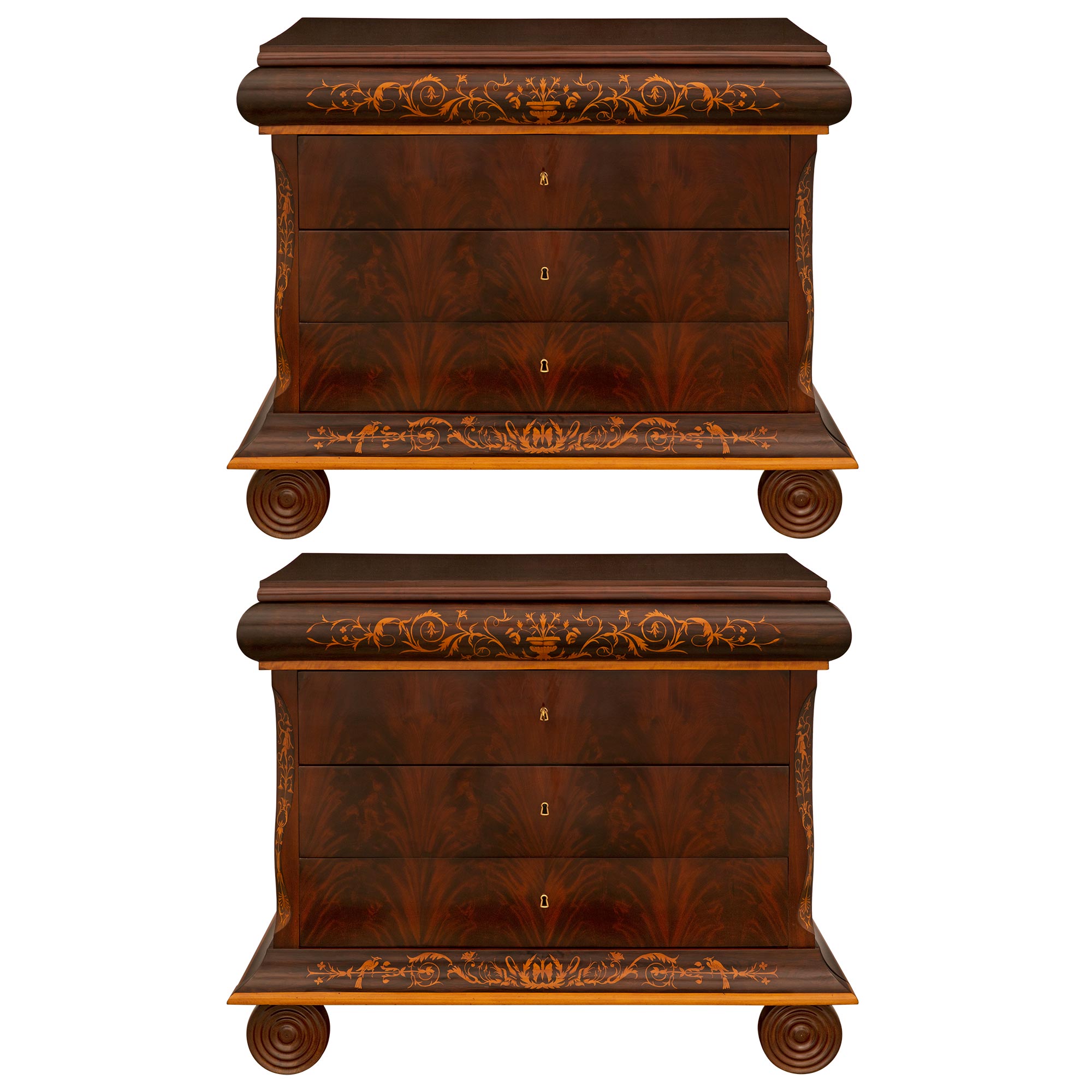 Pair of Italian 19th Century Charles X Period Mahogany & Maplewood Commodes For Sale