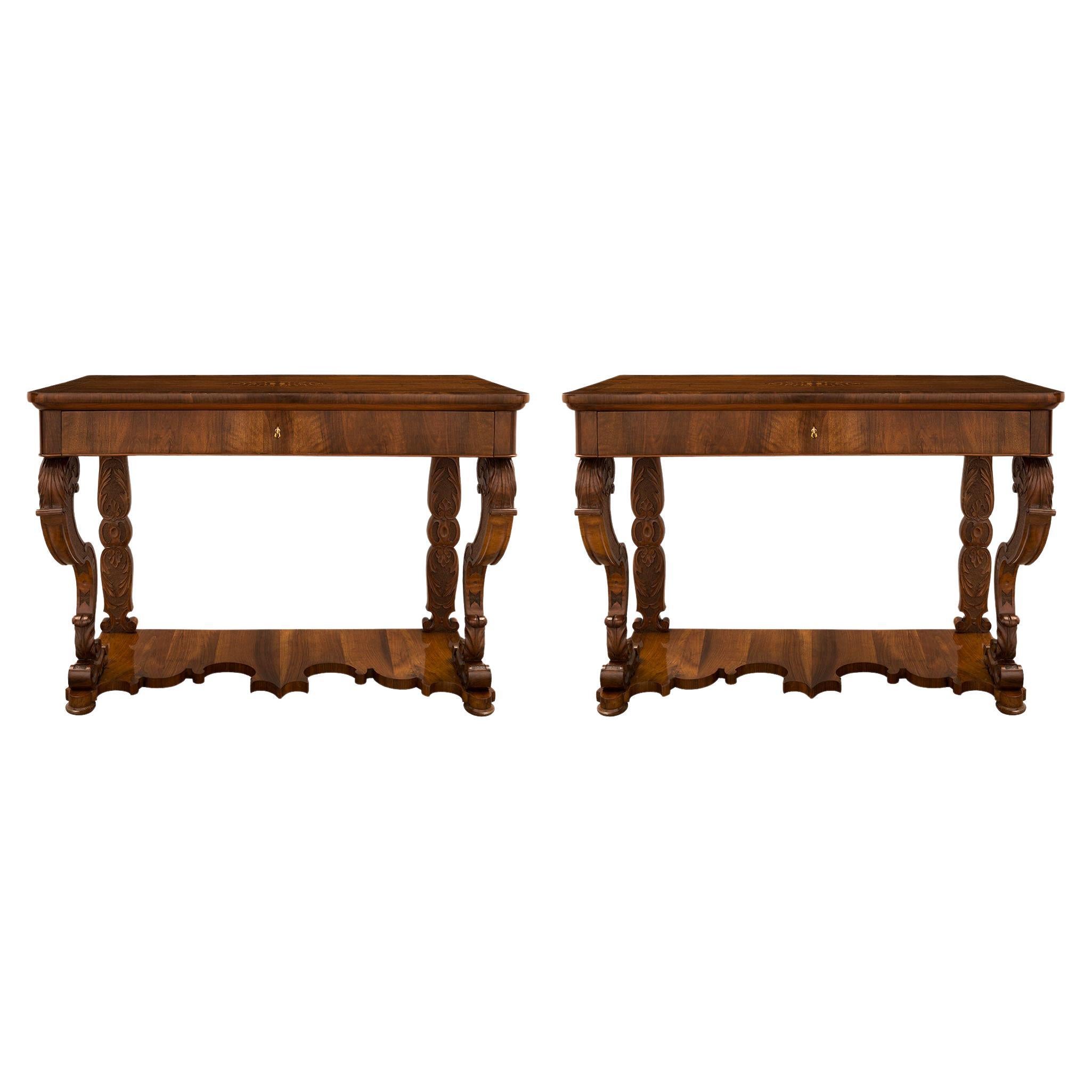 Pair of Italian 19th Century Charles X St. Walnut, Maplewood and Ormolu Consoles For Sale
