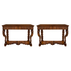 Antique Pair of Italian 19th Century Charles X St. Walnut, Maplewood and Ormolu Consoles