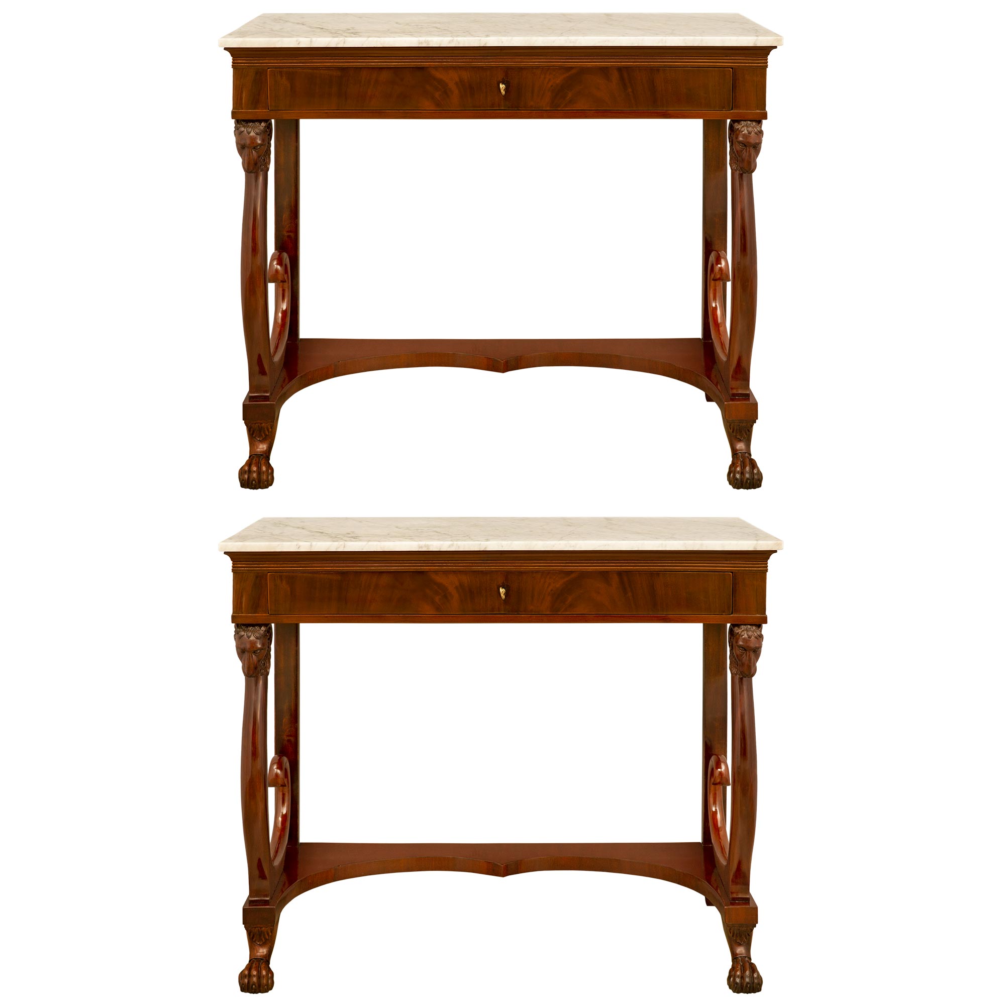 Pair of Italian 19th Century Consoles in Flamed Crouch Mahogany For Sale
