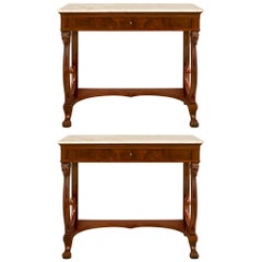 Pair of Italian 19th Century Consoles in Flamed Crouch Mahogany