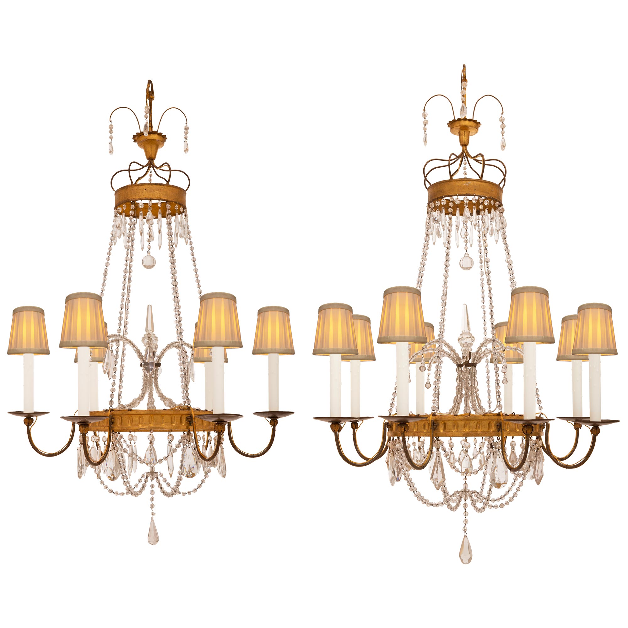 Pair of Italian 19th Century Crystal, Giltwood and Gilt Metal Chandeliers