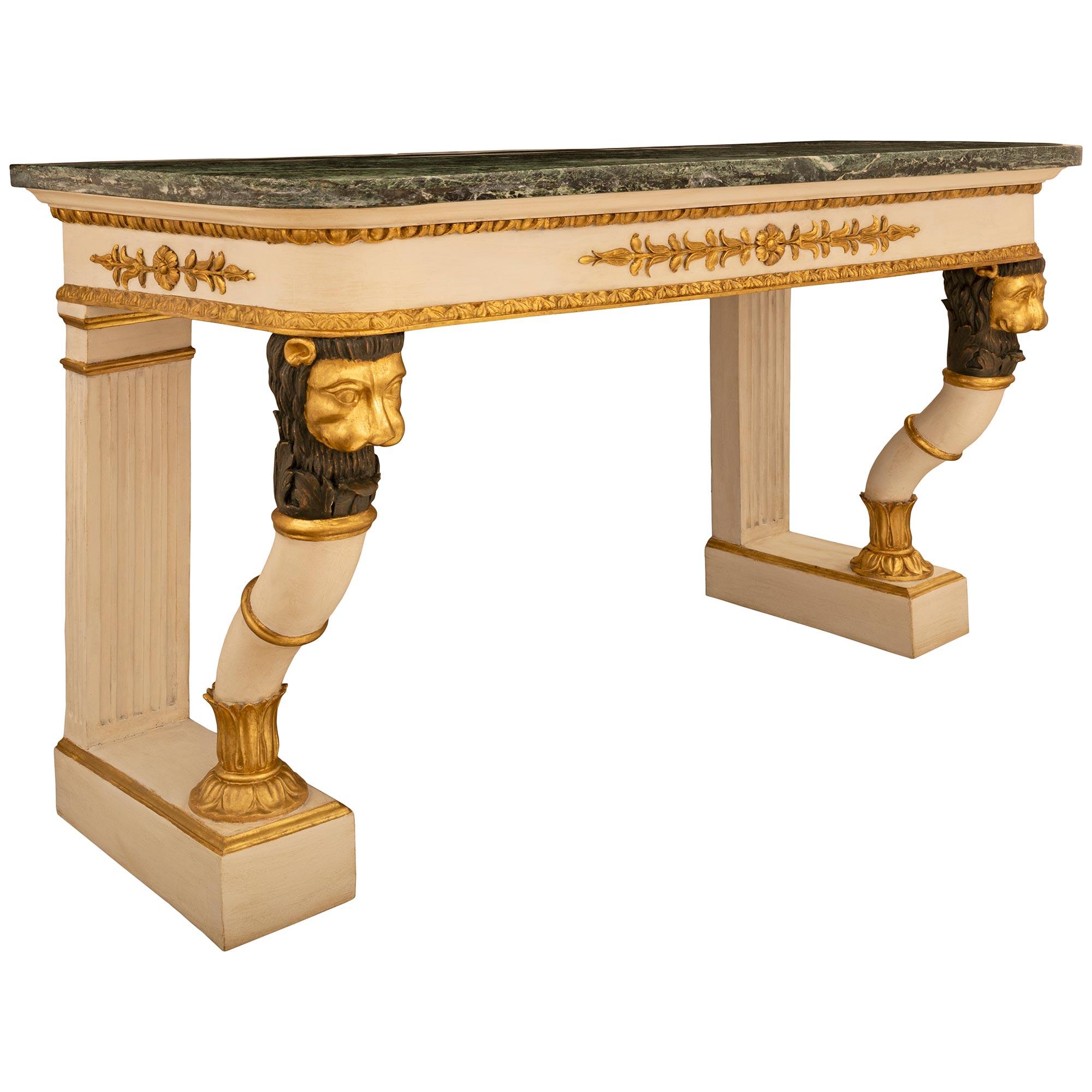 Paar italienische Empire-Konsolen des 19. Jahrhunderts aus Marmor, Holz und Giltwood im Zustand „Gut“ im Angebot in West Palm Beach, FL