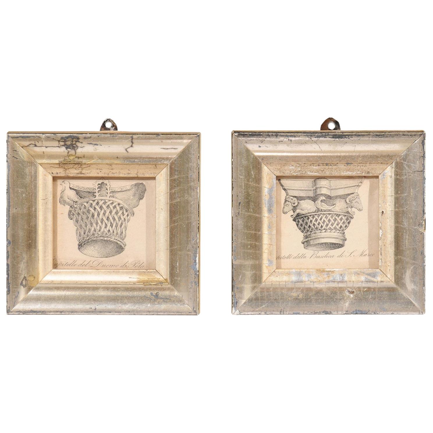 Pair of Italian 19th Century Engravings Depicting Capitals in Silver Frames