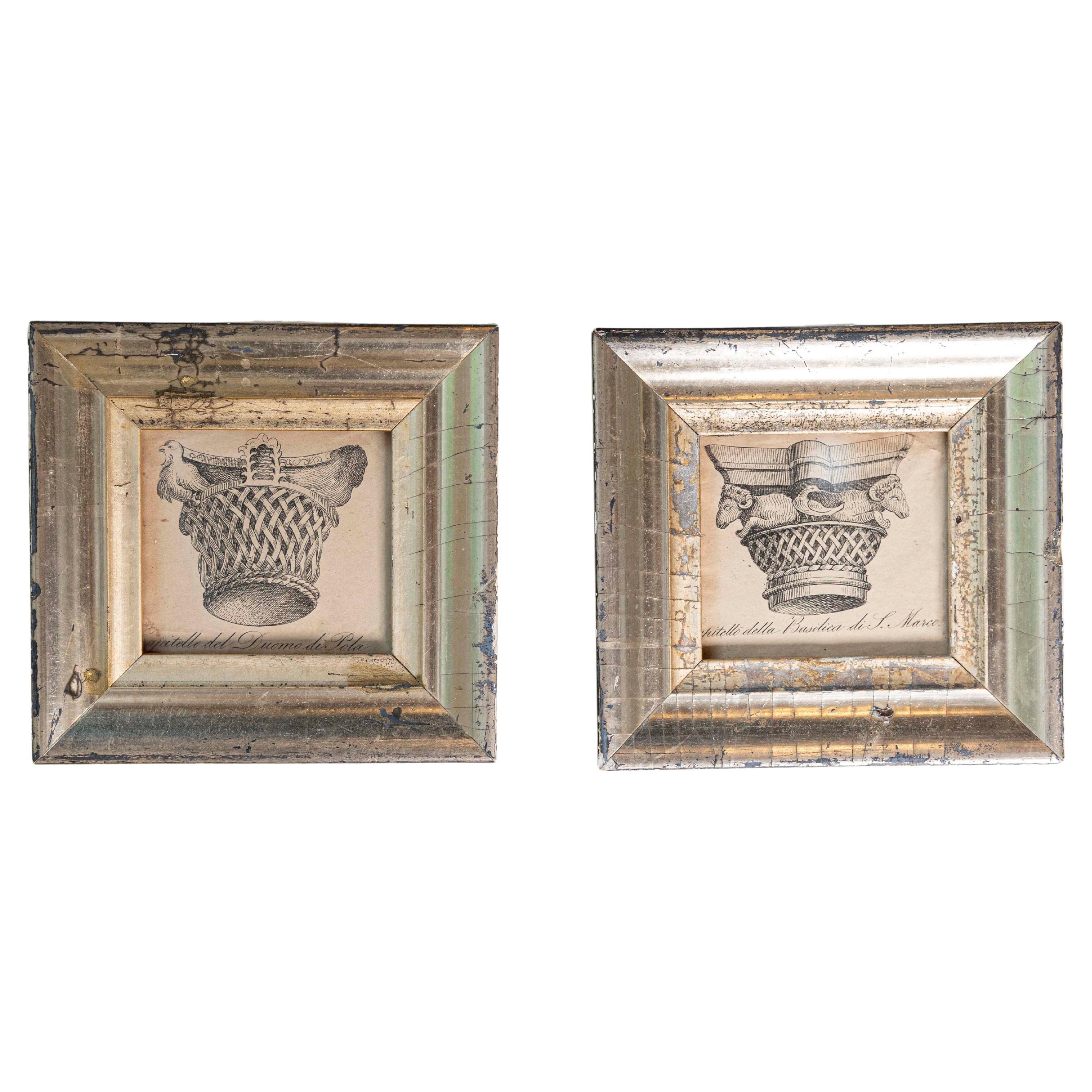 Pair of Italian 19th Century Engravings Depicting Capitals in Silver Frames