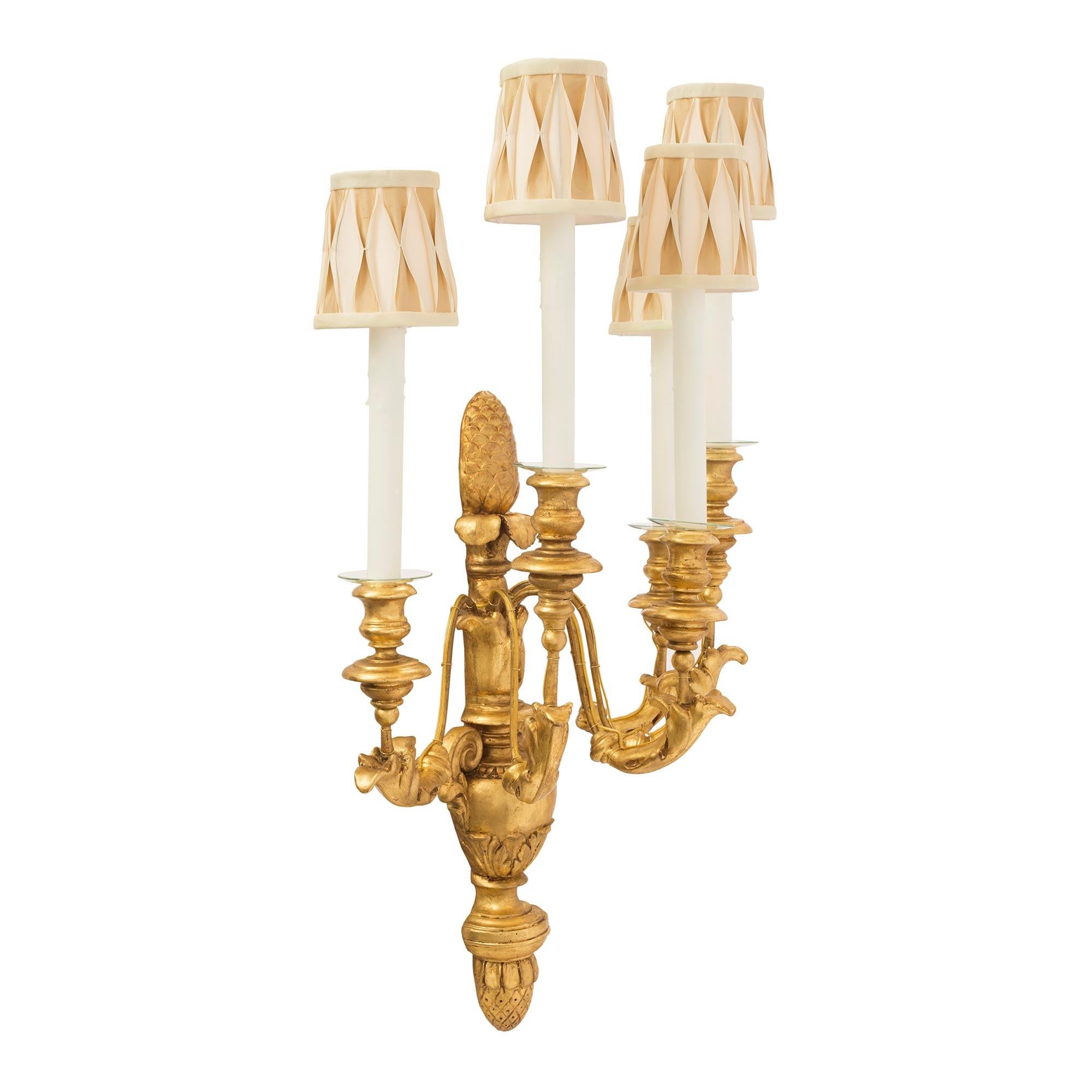 Pair of Italian 19th Century Five-Arm Giltwood Tuscan Sconces In Good Condition For Sale In West Palm Beach, FL