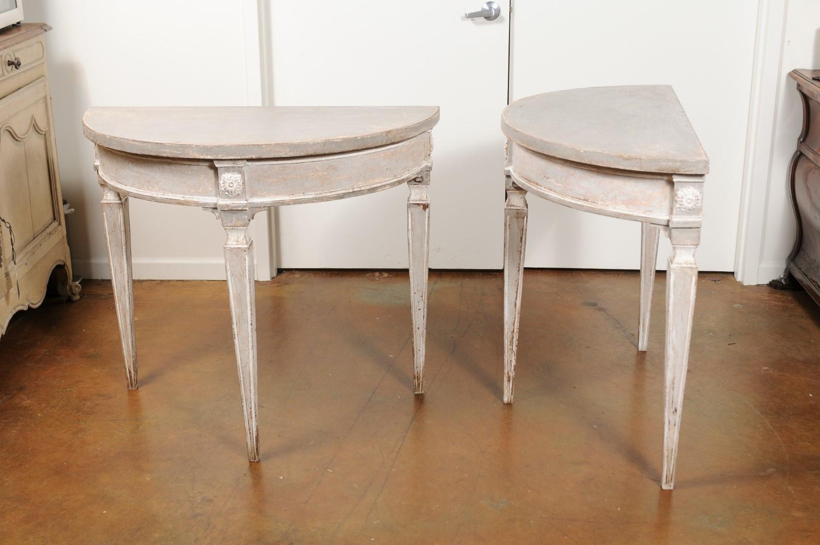 Pair of Italian 19th Century Florentine Demilune Tables Painted in Soft Grey 4
