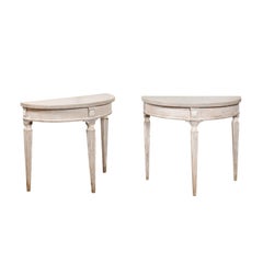Pair of Italian 19th Century Florentine Demilune Tables Painted in Soft Grey