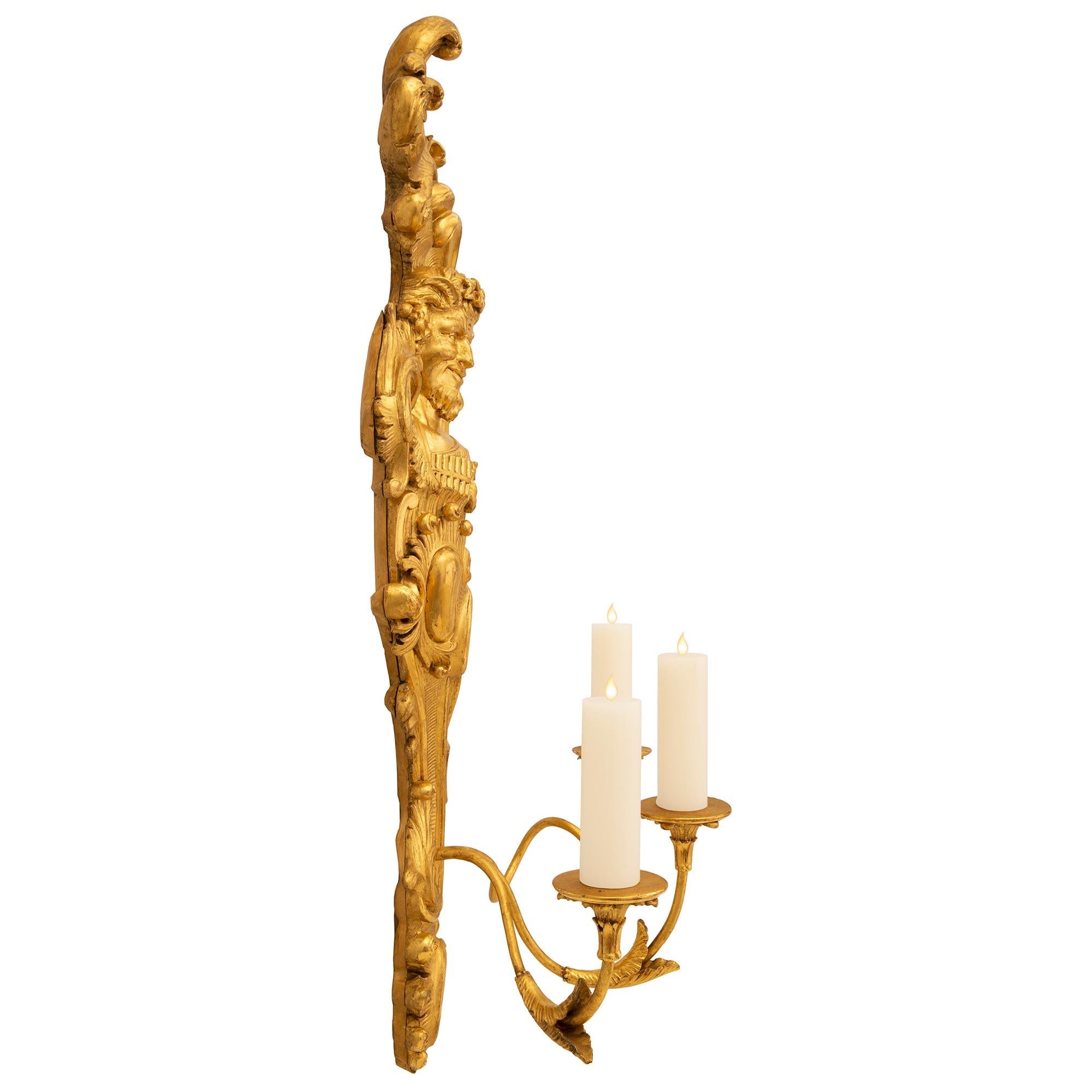 Pair of Italian 19th Century Giltwood and Mirror Three-Arm Sconces In Good Condition For Sale In West Palm Beach, FL