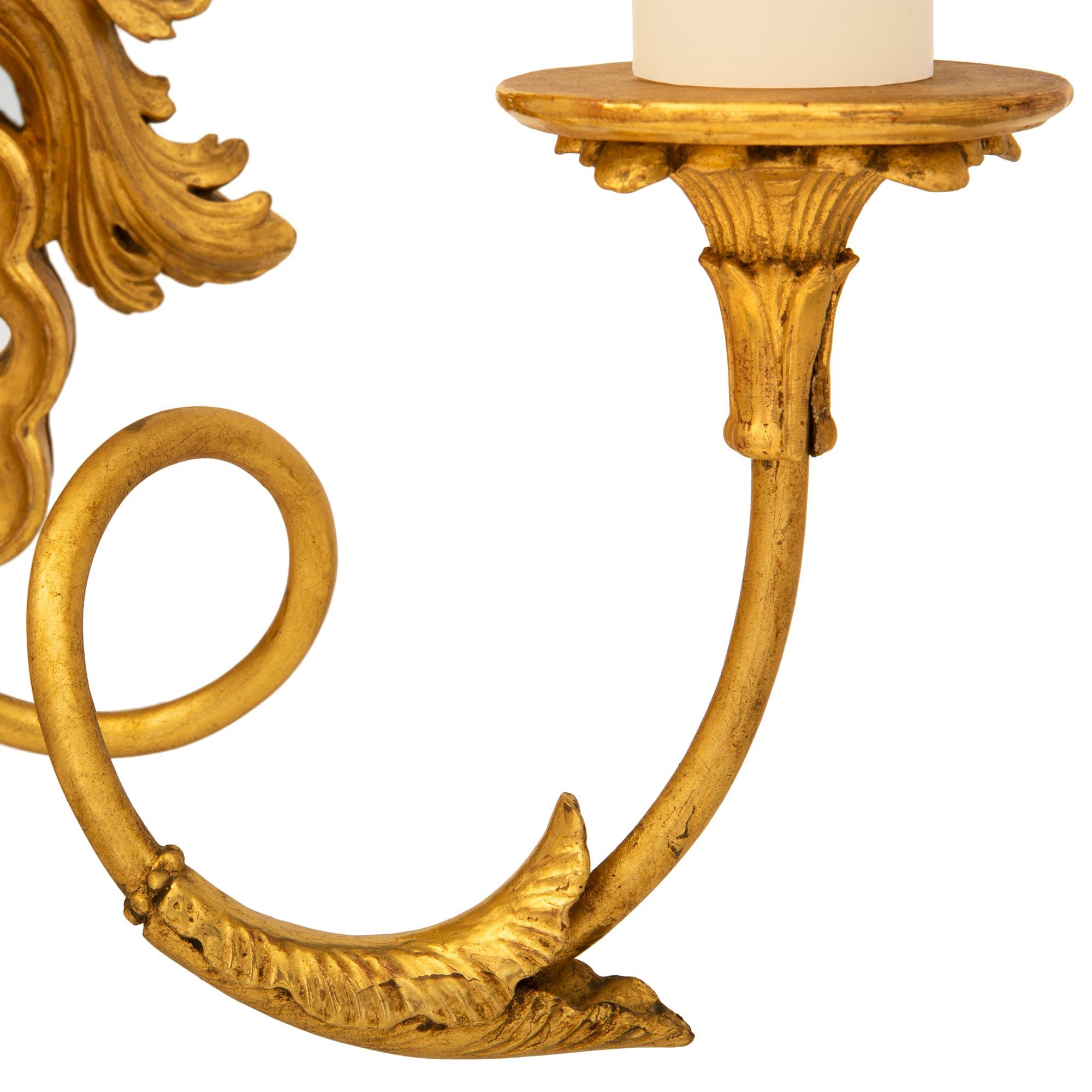 Pair of Italian 19th Century Giltwood and Mirror Three-Arm Sconces For Sale 5