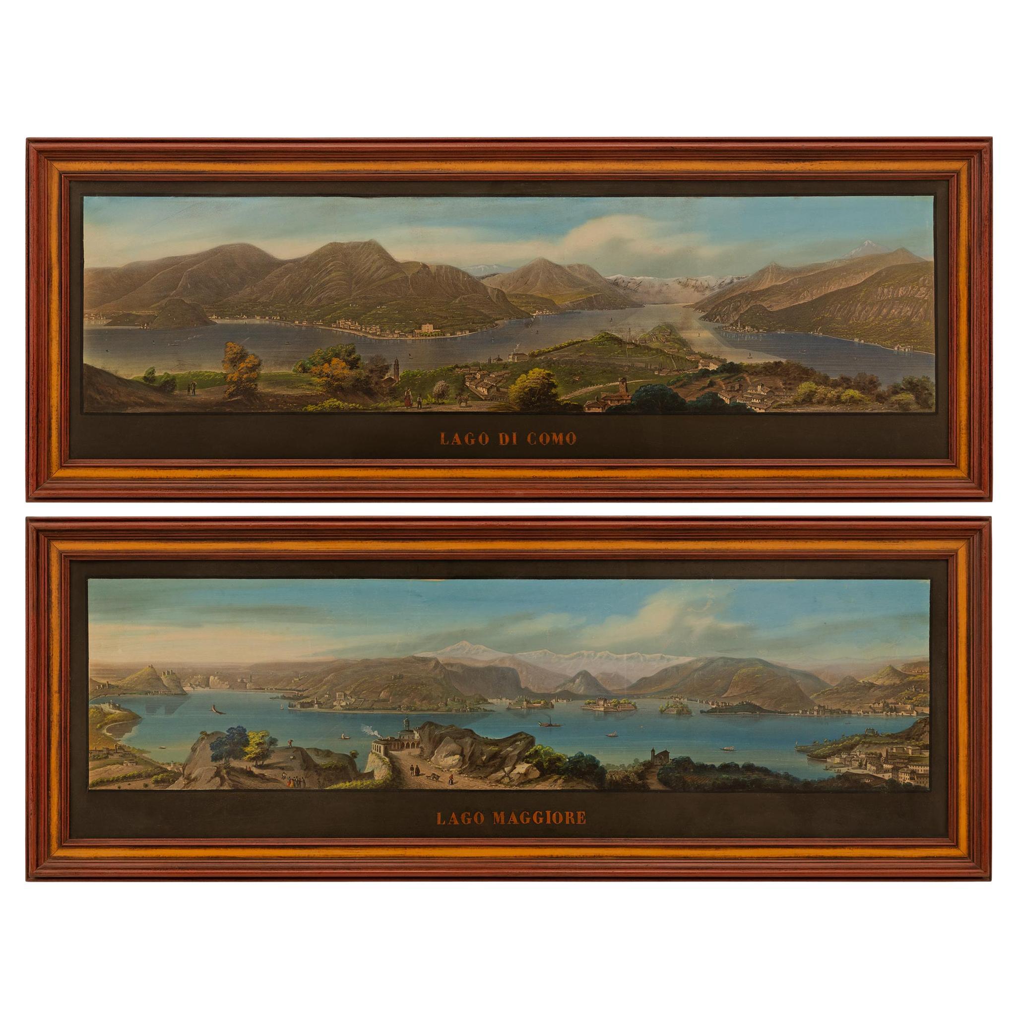 Coppia di Gouaches con cornice in legno dorato e legno patinato dell'Ottocento italiano in vendita