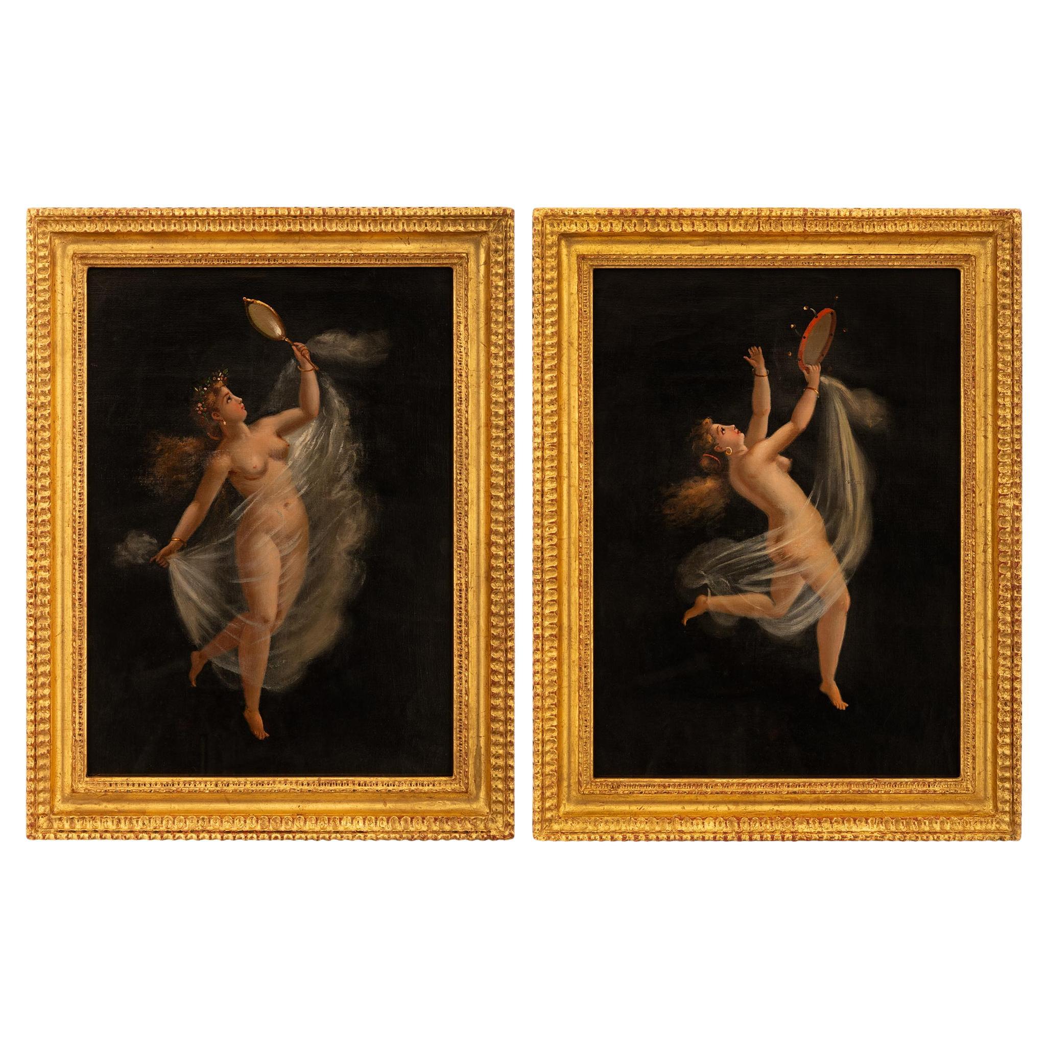 Paar italienische Gemälde in Gouache und vergoldetem Holz aus dem 19. Jahrhundert